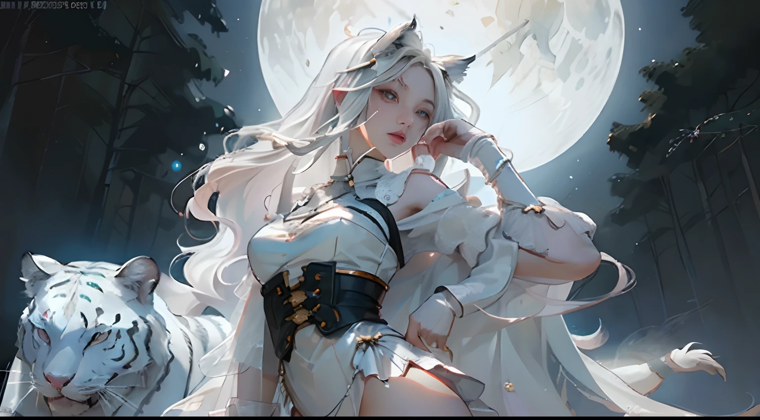 (top-quality、tmasterpiece:1.2),teens girl,White color hair、Smooth skin、Beautiful mouth、Smooth legs、Busty body,Silver lace-up panties,Moon,the white tiger,Visible on the back,Yuki,the woods,Detailed details,Night scene,fog atmosphere,(White tiger),(Beauty wrapped around white tiger:1.2)