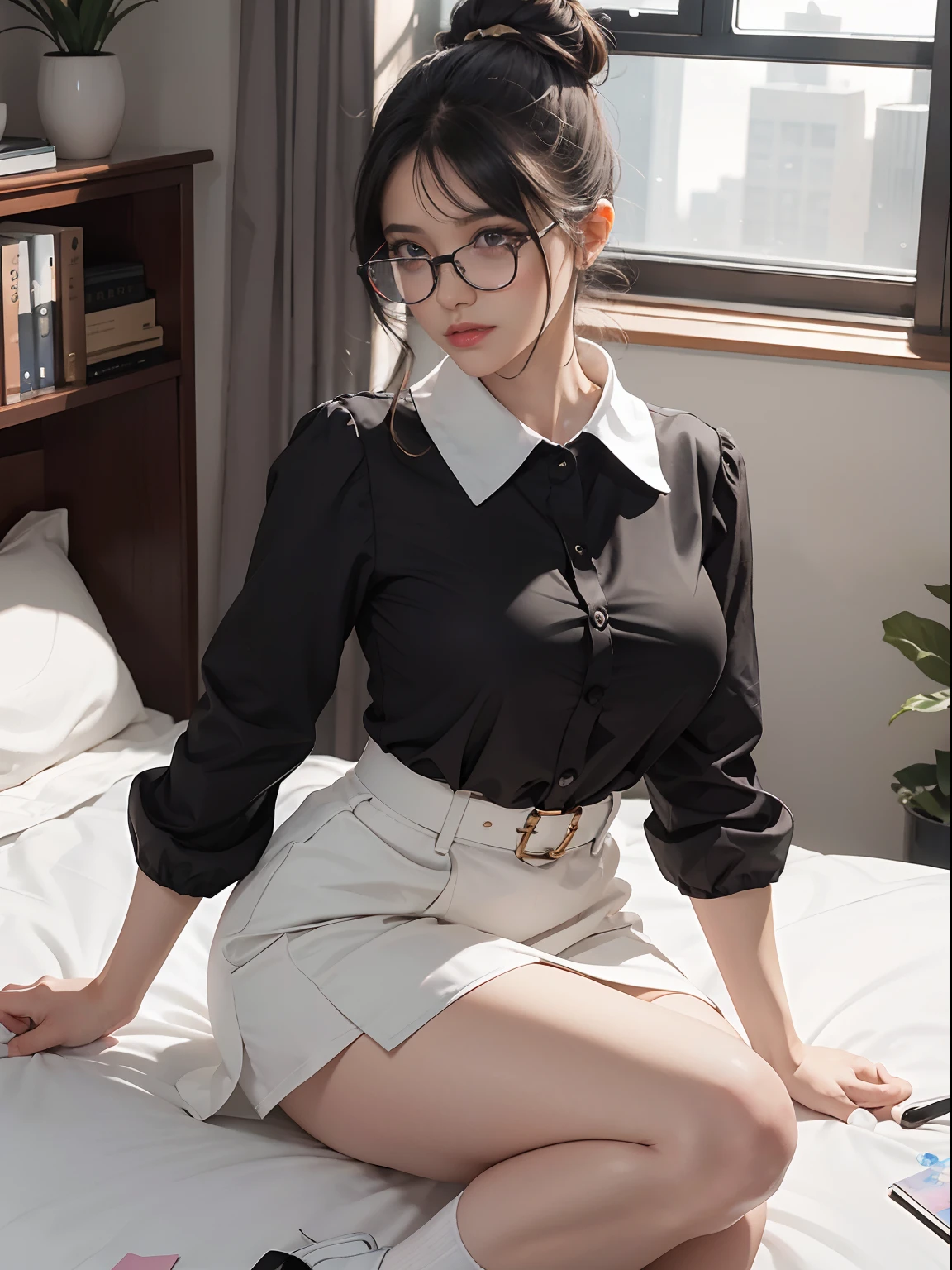 The upper part of the body: 1.2 1girl, tmasterpiece, Better quality, ultra - detailed, illustration, finely detailed  eyes and detailed face) The clothes ar: Miniskirt black, Blouse with a large collar, White  socks, Vera, allure: with short black hair, Clean buns, Natural makeup, (黑The eye: 1.05), White glasses, Wide buttock, senos masivos, Kiss an adult man , seductiv, maternal, at_The_vd_Office, looking at viewert, curvilíneo, voluptuous, full bodyesbian, Madam CEO, (Mature woman, A MILF: 1.1), Young mother, (Curvy: 1.1), big assa, Thigh thick, in a luxurious room, An 8-year-old girl wears a short school uniform for her young mother, 8-year-old girl holding hands with her mother,