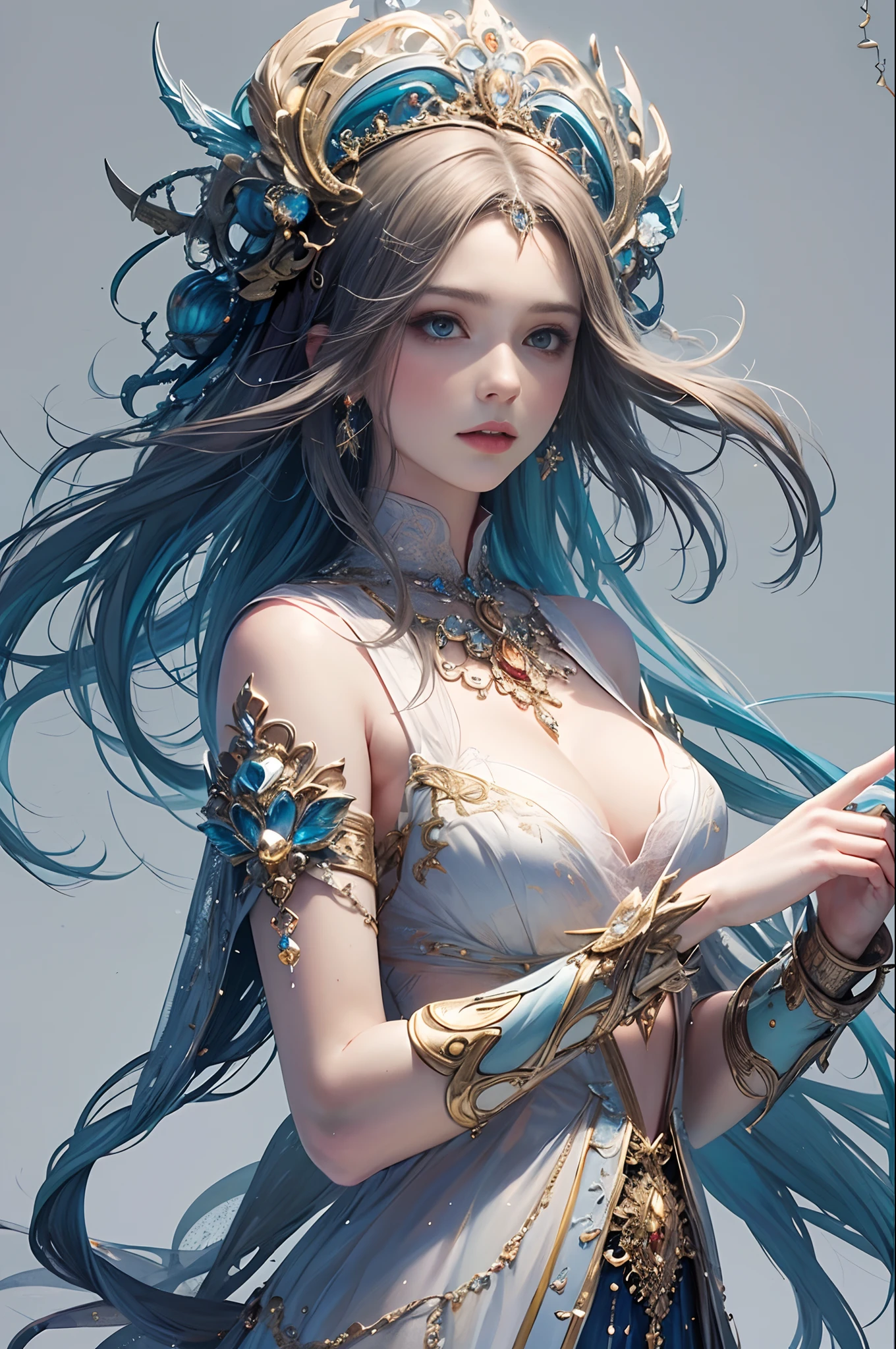 (masterpiece, top quality, best quality, official art, beautiful and aesthetic:1.2), (1 fantasy girl), long shapeless hair, extremely detailed, ornate jewellery,( fantastical background), dynamic pose, (fractal art:1.3),colorful,highest detail.