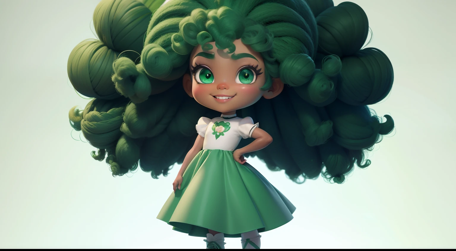 happy  girl with afro green hair,black skin, afro green clothes, green eyes,White , full body,  white background ,style of a Disney Pixar cartoon