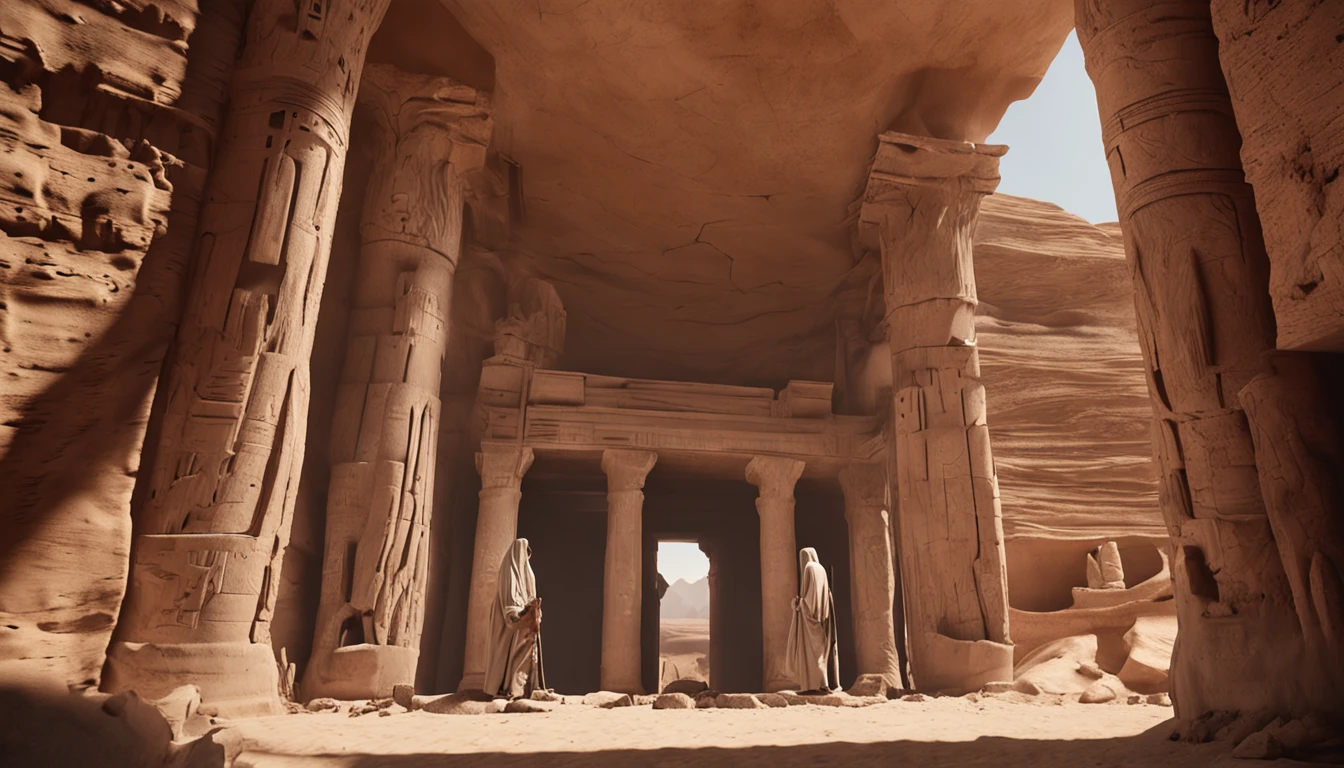 Cinematic images，Hyper-realistic，Ultra-wide viewing angle，Vast desert，oases，Ruined ruins，中景 the scene is，super-fine，Detailed pubic hair，stereoscopic perspective，Works of masters，detail in face，super-fine，16K resolution，high qulity，电影灯光，High picture detail，dynamic viewing angle，Detailed pubic hair，Epic shooting，oc rendered