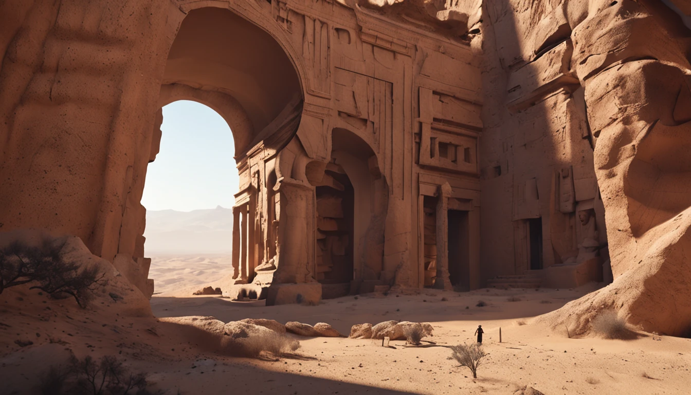 Cinematic images,Hyper-realistic,Ultra-wide viewing angle,Vast desert,oases,Ruined ruins,中景 the scene is,super-fine,Detailed pubic hair,stereoscopic perspective,Works of masters,detail in face,super-fine,16K resolution,high qulity,电影灯光,High picture detail,dynamic viewing angle,Detailed pubic hair,Epic shooting,oc rendered