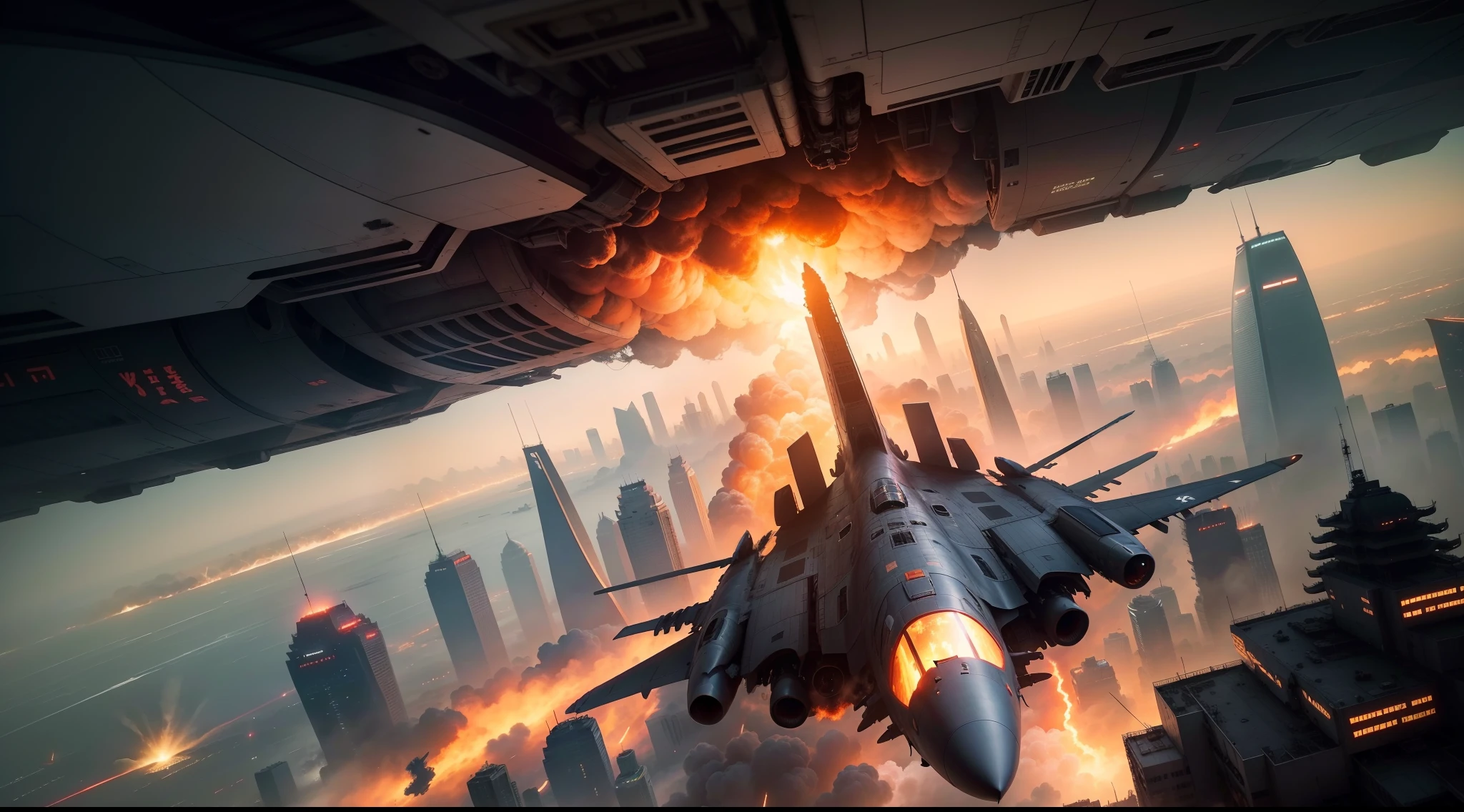 Top-down composition，war scenario，Indiscriminate attacks on the ground，Lots of details，The scenario is complex，The number of aircraft is large，Dozens of space combat aircraft in the sky are over the city of Shanghai。Shanghai's Future City is caught on fire, Located directly below，There are many explosion scenes，War special effects are shocking，An explosion occurred in Shanghai，火焰，There are also traces of laser destruction，The lens shoots vertically down from the plane，Sci-fi sense，Cinematic texture，DOCUMENTARY MOVIE，Realiy，Photographic portraits