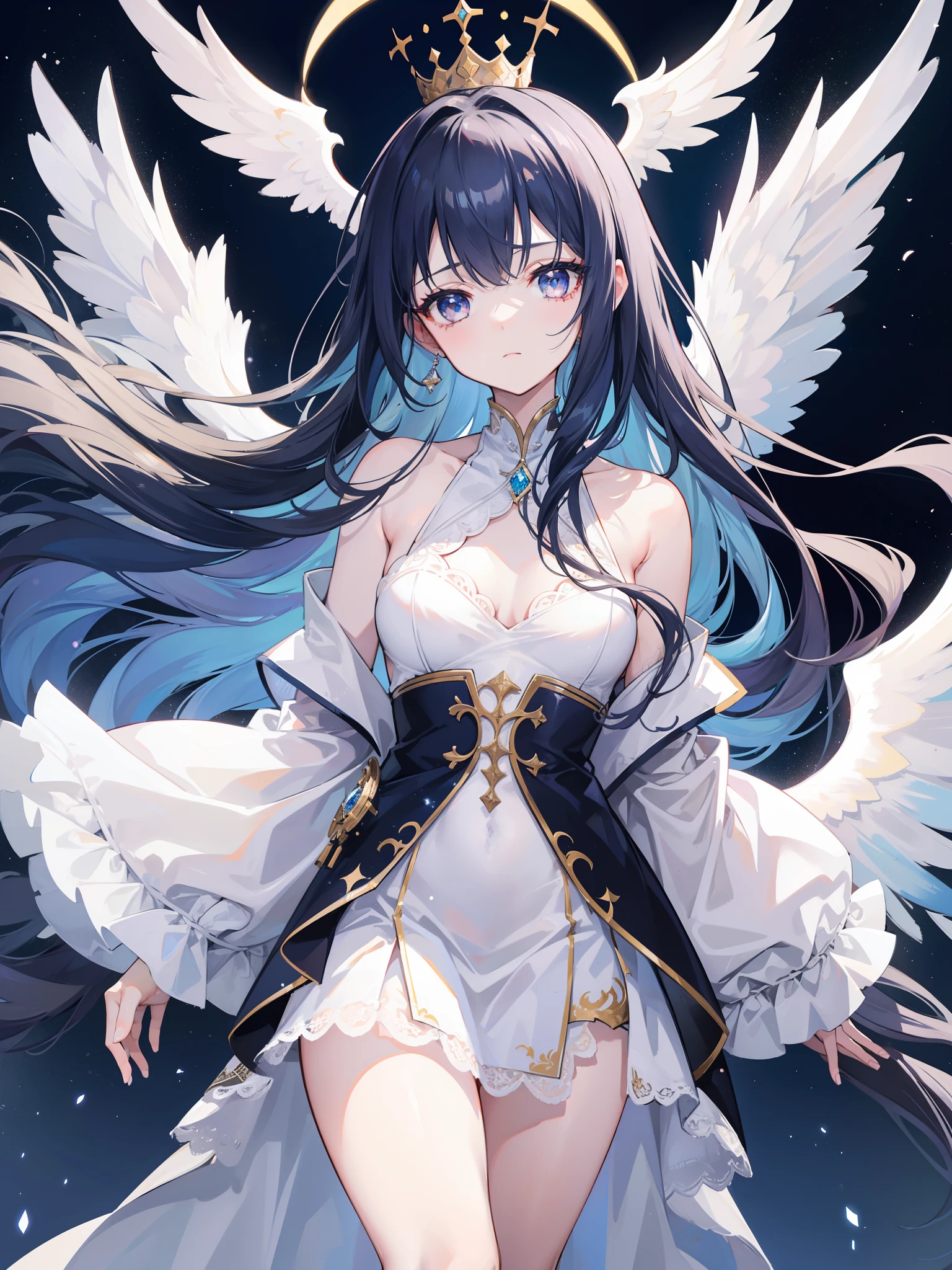 1girl, 164 cm height, charismatic, 18 years old, navy colored hair, very long hair, pretty, white silver eyes, glowing eyes, light particles, princess crown, white long bride clothes, long clothes longs skirt, fallen angel, broken angel wings, ripper wings, scratch, small wound,diamond pendant, standing, light crown, close up, head only