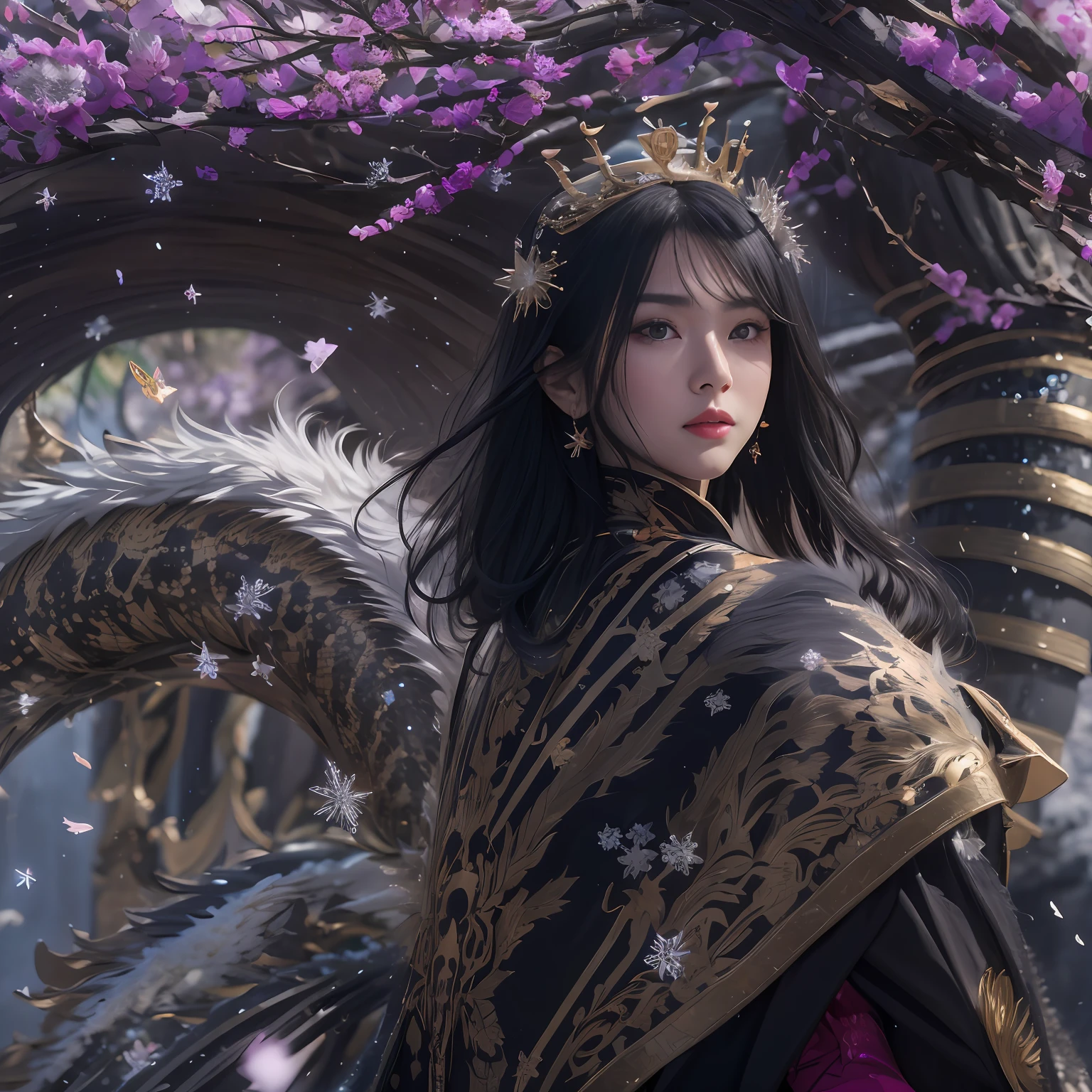 32K(tmasterpiece,k hd,hyper HD,16k)with short black hair,Canyon in the back room,Black burgundian hair girl ,Golden Dragon Protector (realisticlying:1.4),Python robe,Purple-pink tiara,Snowflakes fluttering,The background is pure, A high resolution, the detail, RAW photogr, Sharp Re, Nikon D850 Film Stock Photo by Jefferies Lee 4 Kodak Portra 400 Camera F1.6 shots, Rich colors, ultra-realistic vivid textures, Dramatic lighting, Unreal Engine Art Station Trend, cinestir 800,Close-up of the side of the half