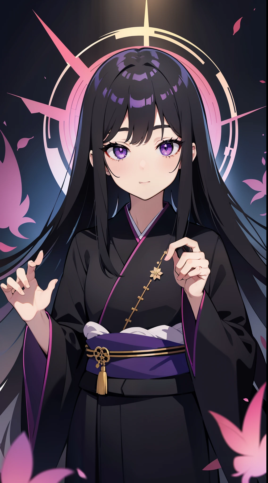adult man, Long black hair, violet eyes, Thin, black kimono, Masterpiece, hiquality