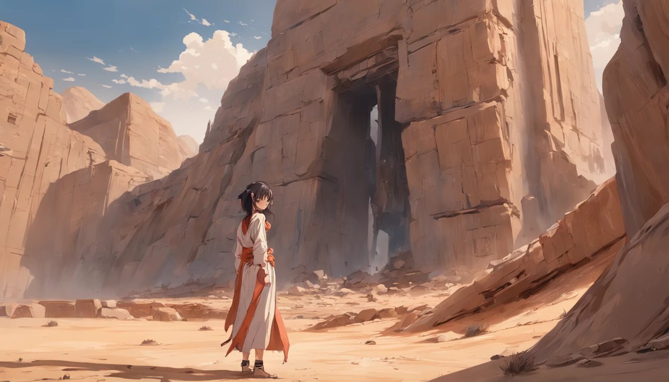 Cinematic images，Hyper-realistic，Ultra-wide viewing angle，Vast desert，oases，Ruined ruins，中景 the scene is，super-fine，Detailed pubic hair，stereoscopic perspective，Works of masters，detail in face，super-fine，16K resolution，high qulity，电影灯光，High picture detail，dynamic viewing angle，Detailed pubic hair，Epic shooting，oc rendered