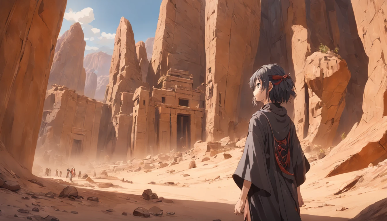Cinematic images，Hyper-realistic，Ultra-wide viewing angle，Vast desert，oases，Ruined ruins，中景 the scene is，super-fine，Detailed pubic hair，stereoscopic perspective，Works of masters，detail in face，super-fine，16K resolution，high qulity，电影灯光，High picture detail，dynamic viewing angle，Detailed pubic hair，Epic shooting，oc rendered