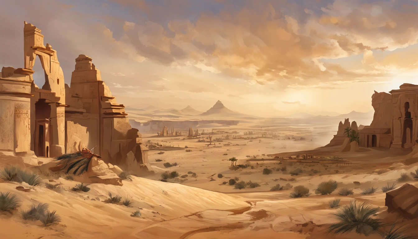 Cinematic images，Hyper-realistic，Ultra-wide viewing angle，Vast desert，oases，Ruined ruins，中景 the scene is，super-fine，Detailed pubic hair，stereoscopic perspective，Works of masters，detail in face，super-fine，16K resolution，high qulity，电影灯光，High picture detail，dynamic viewing angle，Detailed pubic hair，Epic shooting，oc rendered