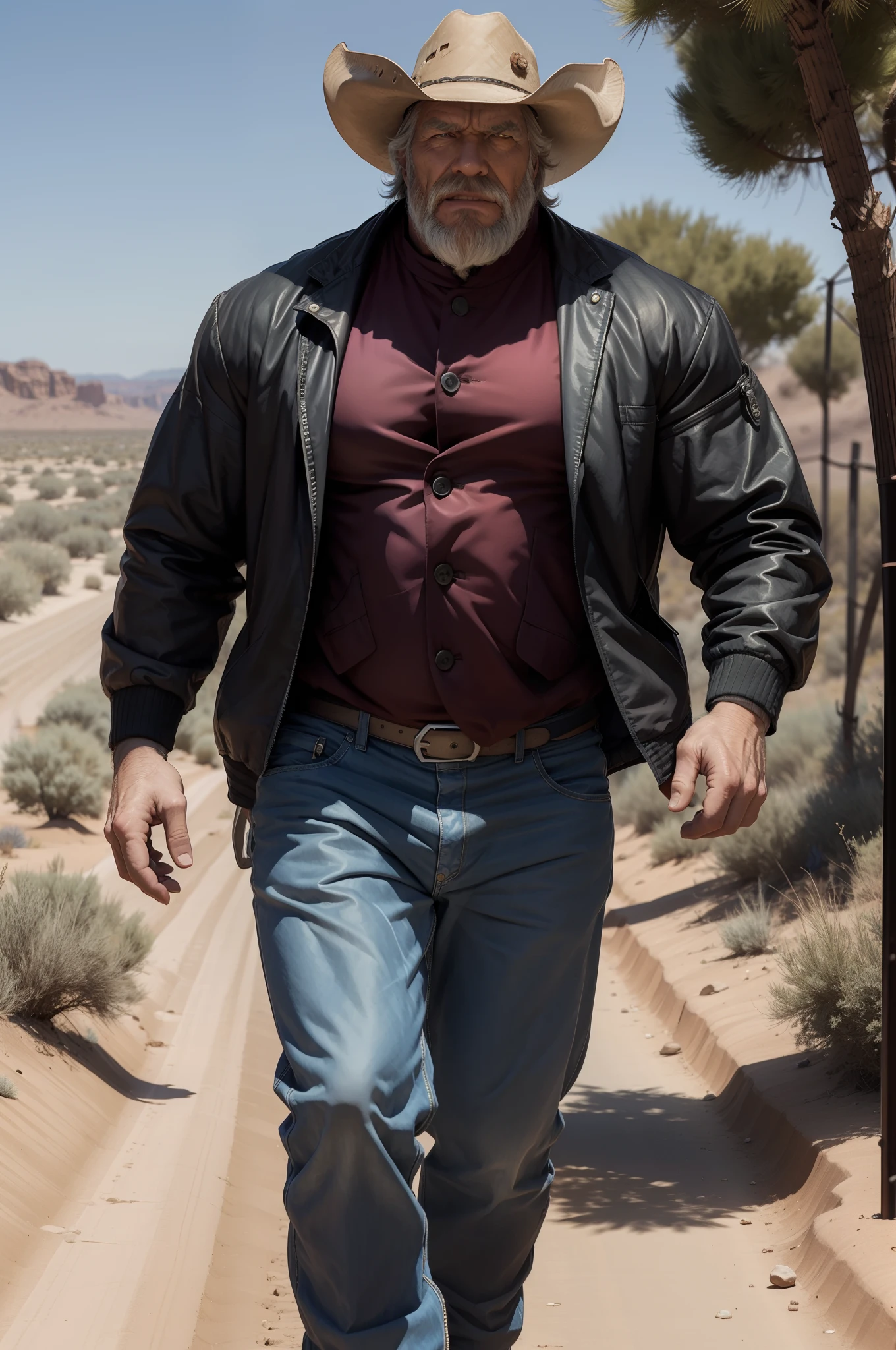 ((1boy)), huge muscular older man wearing jacket, rugged-looking cowboy, walking in a scorching desert, dessert road