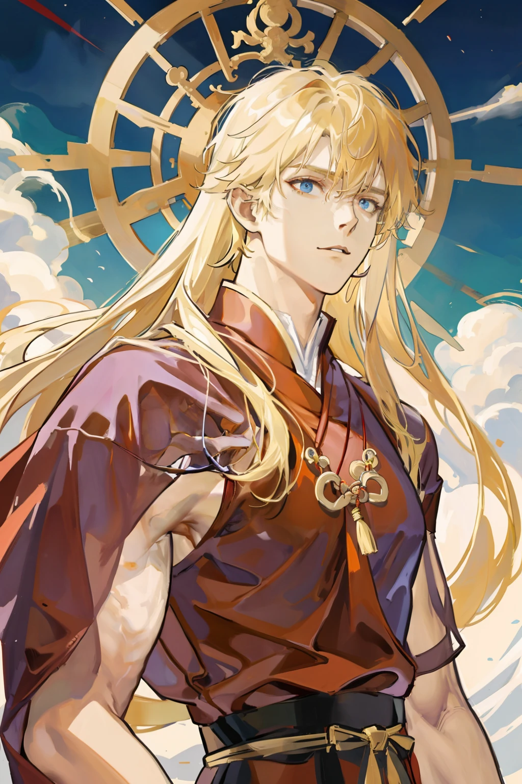 masterpiece, best quality, 1 male, adult, mature, tall muscular guy, buddhist monk theme, long blonde hair, (upper body)