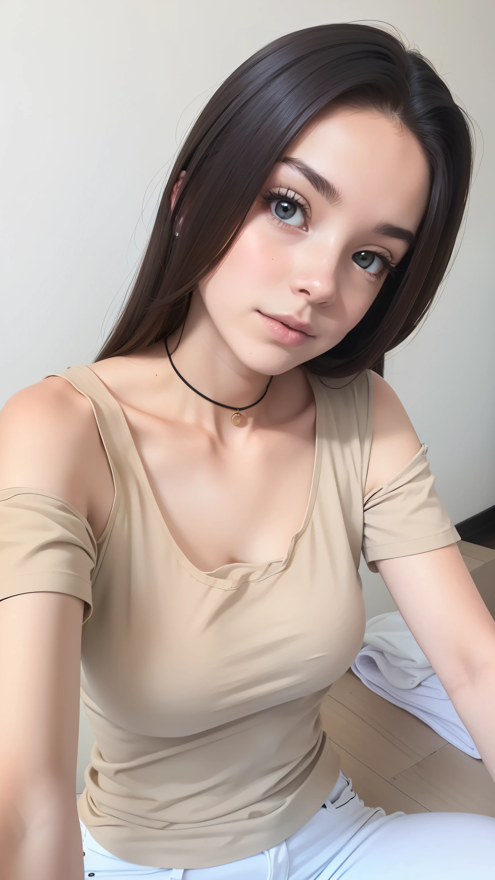 Girl sitting in a beige T-shirt, Girl in top and jeans