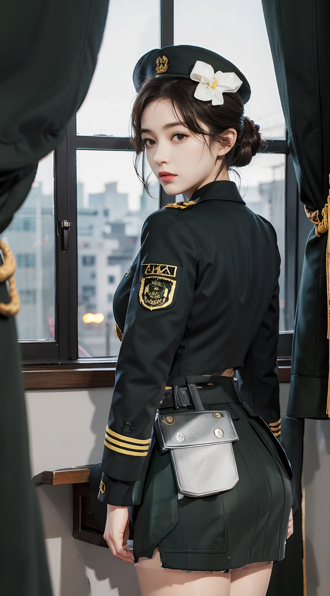 A close up of a woman in uniform posing in front of a window - SeaArt AI