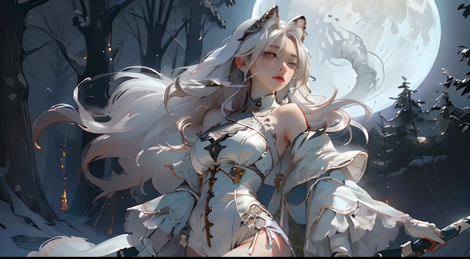 (top-quality、tmasterpiece:1.2)，teens girl，White color hair、Smooth skin、Beautiful mouth、Smooth legs、Busty body，Silver lace-up panties，Moon，the white tiger，Visible on the back，Yuki，the woods，Detailed details，Night scene，fog atmosphere,（White tiger），（Beauty wrapped around white tiger:1.2）