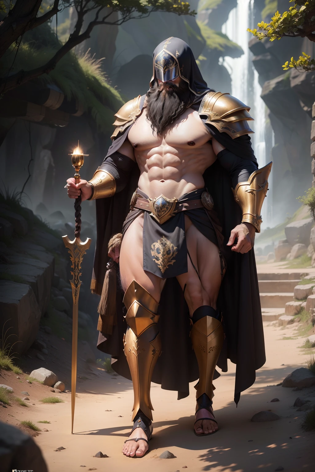 anãopoderoso, armadura dourada, escudos de torre, Tronco superior revelado, parte inferior do corpo descoberta, from thighs to feet;, decorado com uma barba frisada, cachos longos em cascata, meticulous muscle definition, realistic depiction, 4k resolution. Background Story: Mythical fantasy landscape,UHD 32k, melhor qualidade, master part, super detalhe, detalhes altos, mais roupas, 1,30m altura, braided beard, roupa branca, mais roupa