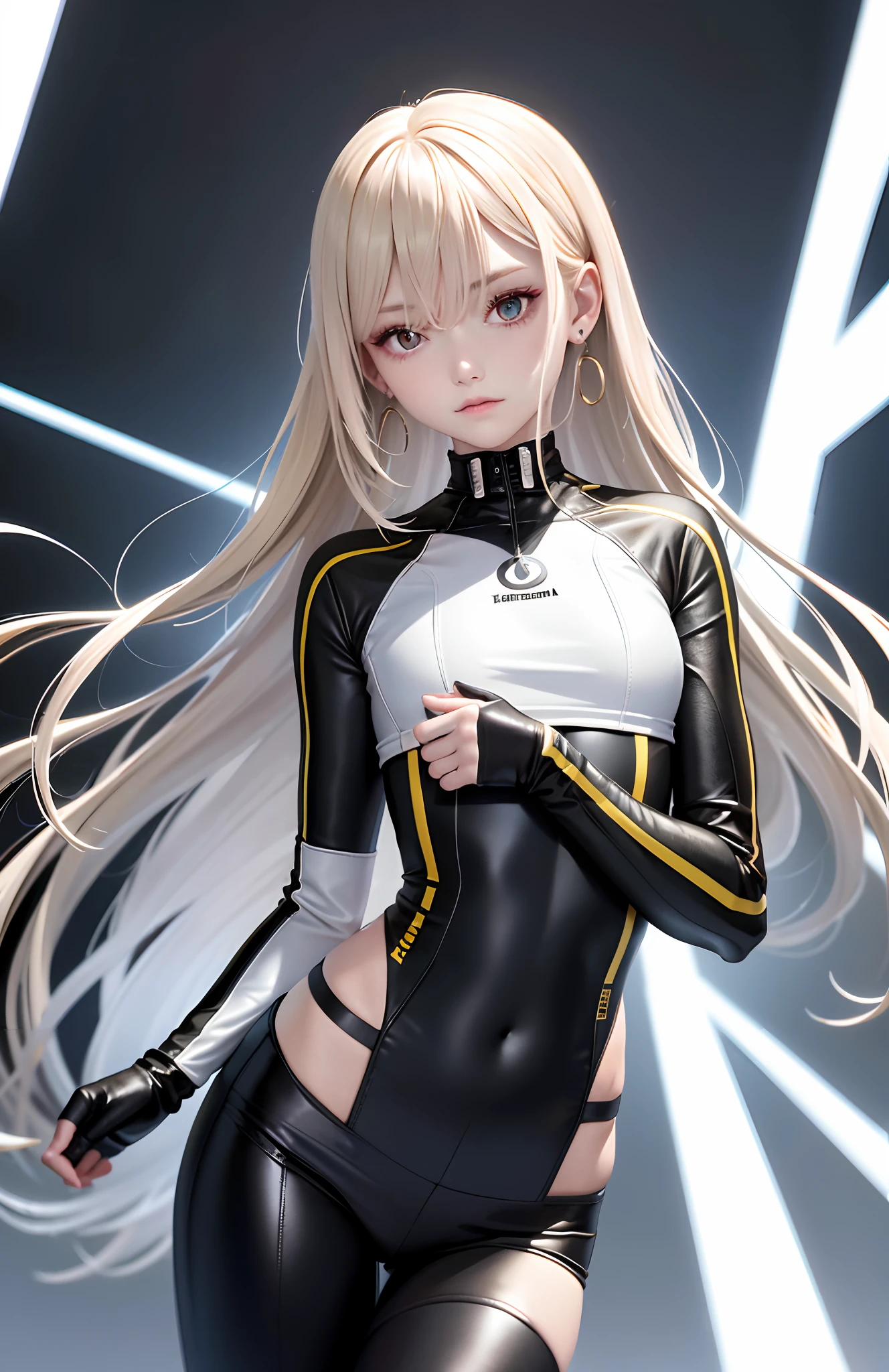 optimum，tmasterpiece，A high resolution，best qualtiy，hyper HD，super detailing，Award-Awarded，16k，独奏，（（The upper part of the body）），（（Bust）），anatomy correct，Beautiful cyberpunk girl，cute  face，，Gradient Beige Hair，Hairline，（（Scarlet eyes）），long eyelasher，Hanging eye corners，White skin of the，（small boobs），（Slim body），（（Women's super short shawl leather jacket）），（（racing_suit）），（（High-Low_long  skirt）），ear studs，（Neck strap），（Laser material clothing：1.2）