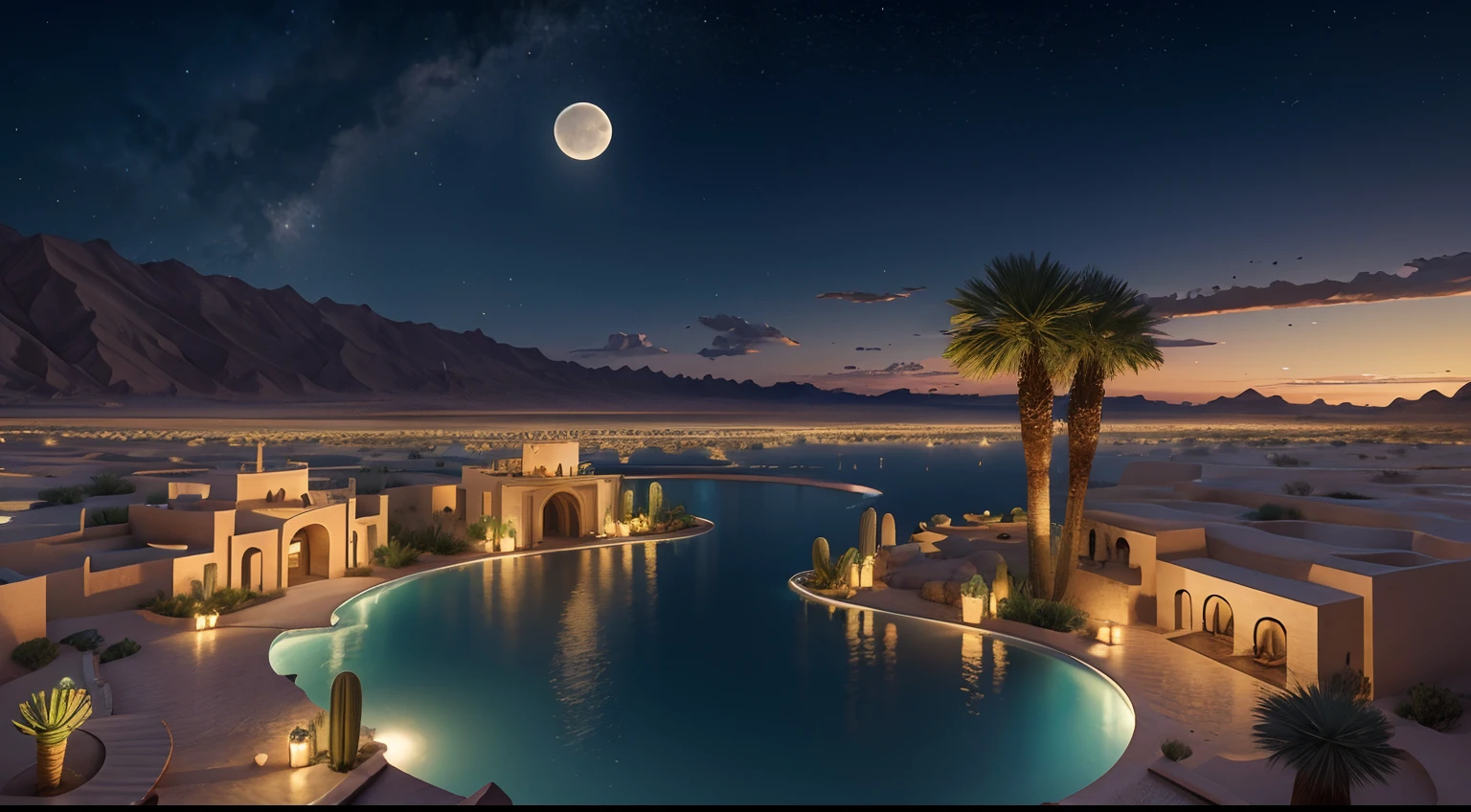super wide shot，Fantastic desert oasis ，1 moon，Heart-shaped lake，Dubai，reasonable design, Best quality, Very detailed, Masterpiece, movie light effect, 8K，epic fantasy digital art，high definition resolution，Detailed detail drawing，