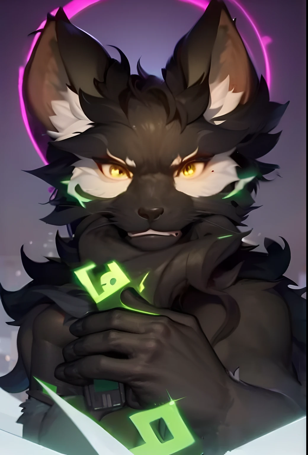 Masterpiece, Wolf ears, sanimal ear fluff, Black hair, Green eyes,white chest fur,Green mane,Green pattern,There is a white arc pattern above the eyes,critters,Cartoon face,Green paws,Pink meat pad。