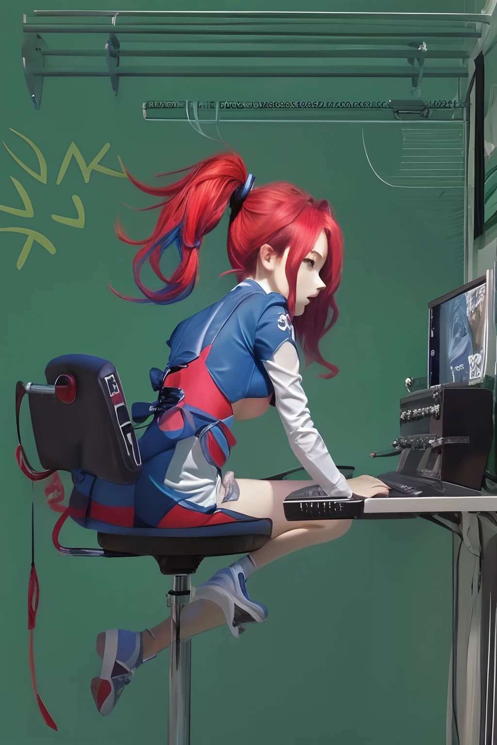 (Best quality:1.1) , 1girll,playgame,From behind,keyboards,Large display,Backless,playing game,red and blue hair,