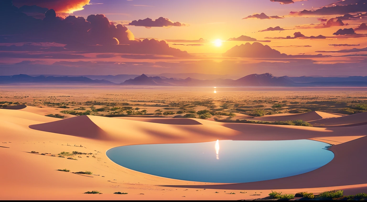 super wide shot，Vast desert，A legendary desert oasis，Sunset，Heart-shaped lake，(zoomout:1.2)，(Greenery:1.2)，The fountain，Surrealist landscape style，national geographicphoto，Hasselblad high detail，cinmatic lighting，reflective light，atmosphric perspective，in a panoramic view，f / 4.0，Nikon，hyper HD，Hyper-detailing，best qualtiy，8K，Fantastic design, Best quality, Very detailed, Masterpiece, movie light effect, 8K，epic fantasy digital art，Epic fantasy art style, high definition resolution，Detailed detail drawing，Photorealistic，Super realistic