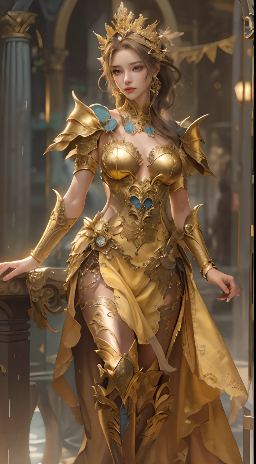 Woman in a golden dress, True Art Station, Rainstorm site, detailed fantasy art, Stunning character art, Beautiful and exquisite character art, Beautiful golden armor, Extremely detailed, Girl in shiny armor, Exquisite tiaras and jewelry, Full body capture,