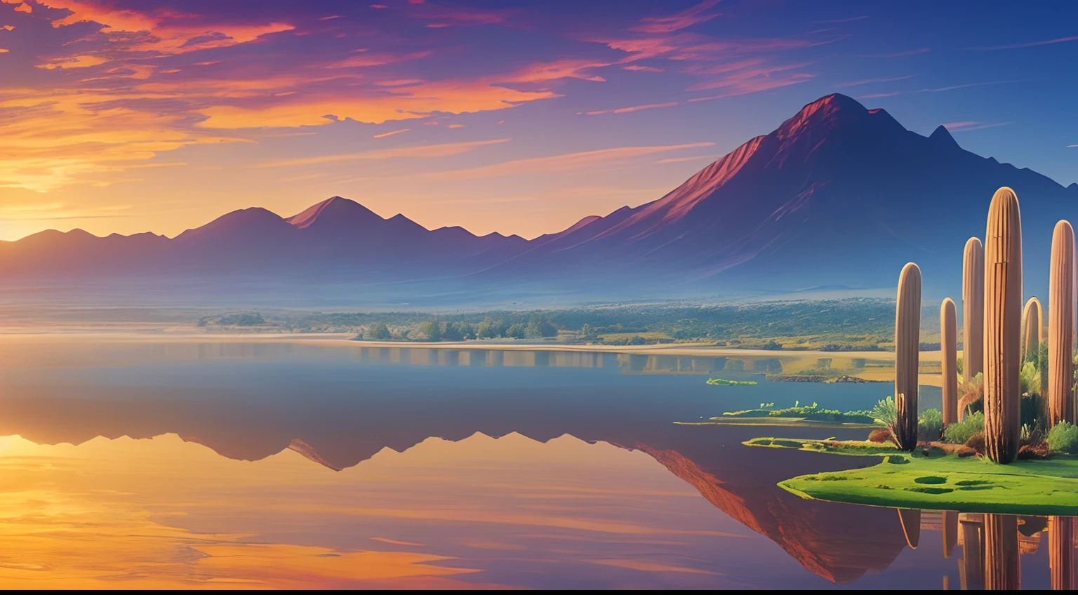 super wide shot，Vast desert，A legendary desert oasis，Sunset，Heart-shaped lake，(zoomout:1.2)，(Greenery:1.2)，The fountain，Surrealist landscape style，national geographicphoto，Hasselblad high detail，cinmatic lighting，reflective light，atmosphric perspective，in a panoramic view，f / 4.0，Nikon，hyper HD，Hyper-detailing，best qualtiy，8K，Fantastic design, Best quality, Very detailed, Masterpiece, movie light effect, 8K，epic fantasy digital art，Epic fantasy art style, high definition resolution，Detailed detail drawing，Photorealistic，Super realistic