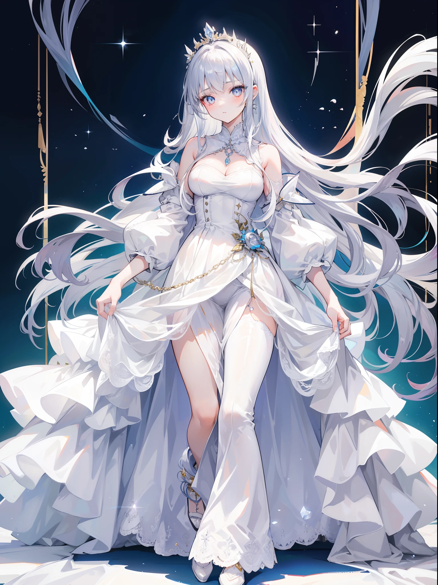 1girl, 164 cm height, tall girl, charismatic, 18 years old, navy colored hair, very long hair, pretty, white silver eyes, glowing eyes, white long bride clothes, long clothes, longs skirt ,diamond pendant, standing, light crown