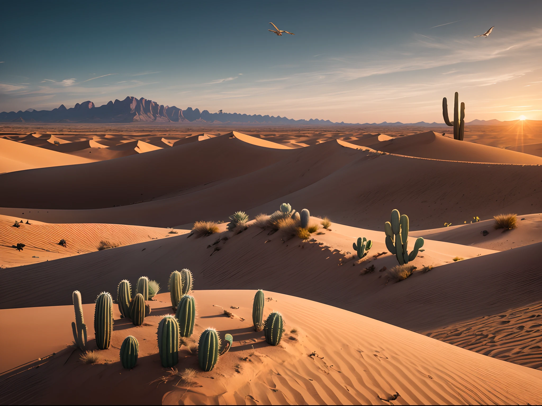 "Generate an awe-inspiring desert landscape featuring a decaying carcass as the central focus, surrounded by a captivating arrangement of 5 majestic buzzards. Enhance the setting with a prominent presence of cacti (x3), towering sand dunes, and a breathtaking sunset."