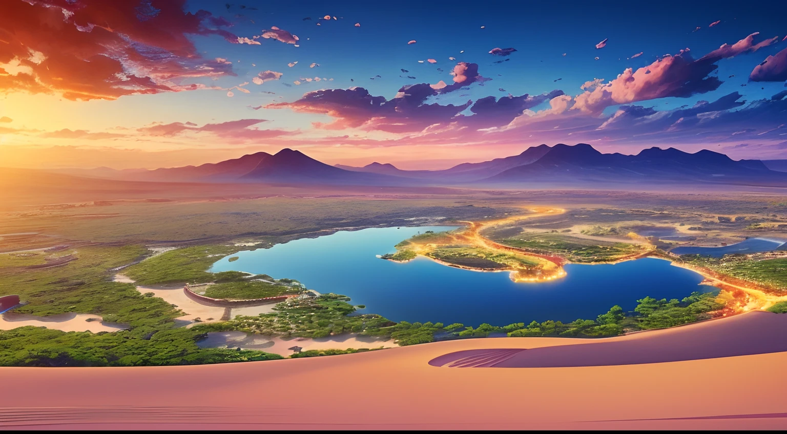 super wide shot，Vast desert，A legendary desert oasis，Sunset，Heart-shaped lake，(zoomout:1.2)，(Greenery:1.2)，The fountain，Surrealist landscape style，national geographicphoto，Hasselblad high detail，cinmatic lighting，reflective light，atmosphric perspective，in a panoramic view，f / 4.0，Nikon，hyper HD，Hyper-detailing，best qualtiy，8K，Fantastic design, Best quality, Very detailed, Masterpiece, movie light effect, 8K，epic fantasy digital art，Epic fantasy art style, high definition resolution，Detailed detail drawing，Photorealistic，Super realistic