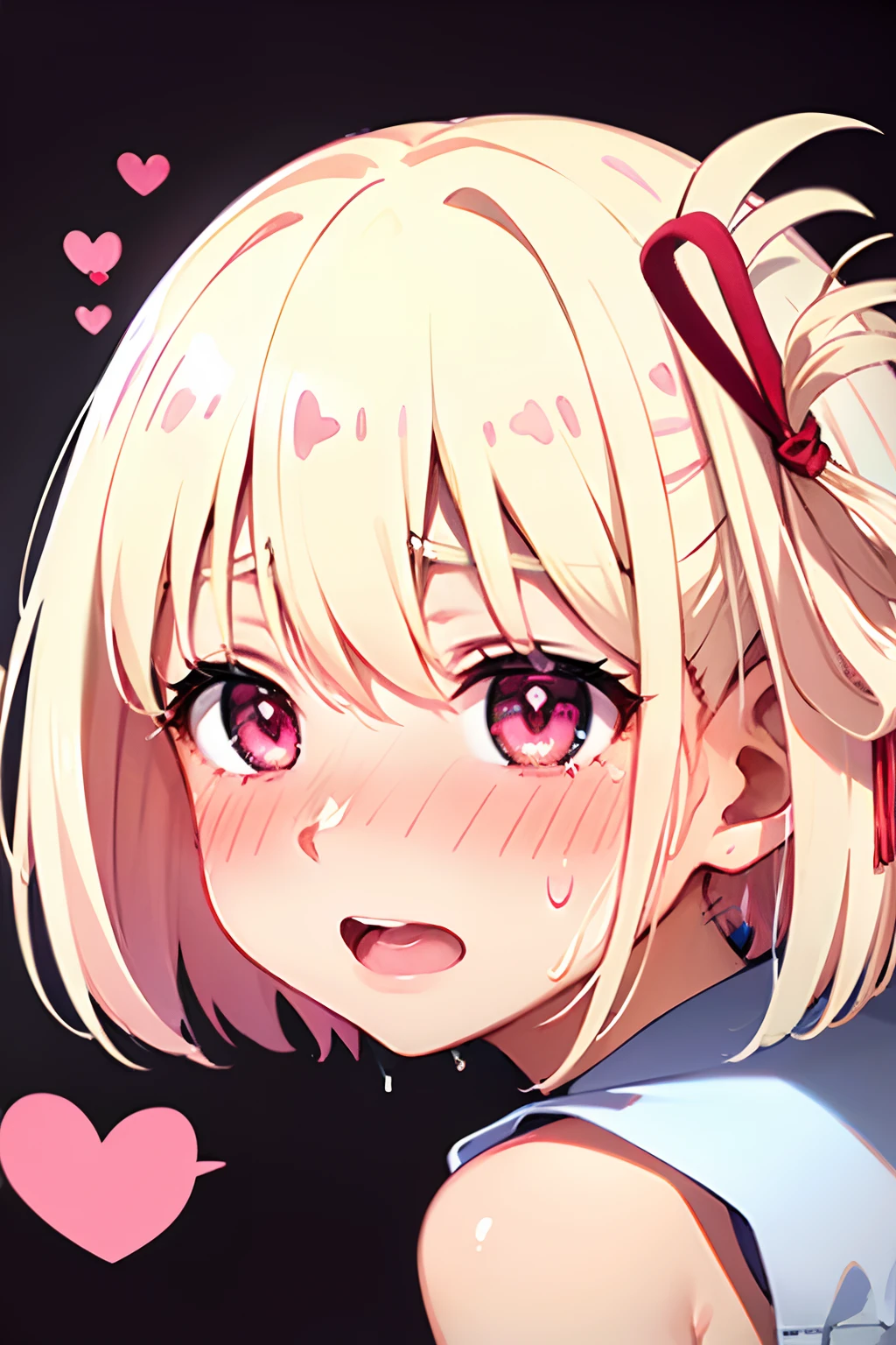 masterpiece, absurdres, best quality, ultra detailed, high Resolution, detailed illustration, bright colour, (extremely beautiful detailed face and eyes, Delicate beautiful face, 1 girl, 18yo, cute face:1.3), (magenta eyes:1.1), sparkling eyes, big eyes, (medium breasts:1.3), (perky breasts:1.1), (pointy breasts:1.1), medium hips, glamorous body, white skin, BREAK, (blonde hair:0.8), messy hair, detailed hair, shiny hair, BREAK (school uniform, undressed:1.3), perfect lighting, (ecstasy, vulgarity:1.5), (Embarrassed:1.3), mattress, (Blowjob, excessive cum, excessive cum on mouth, excessive cum on hair, excessive cum on face:1.3), From above,