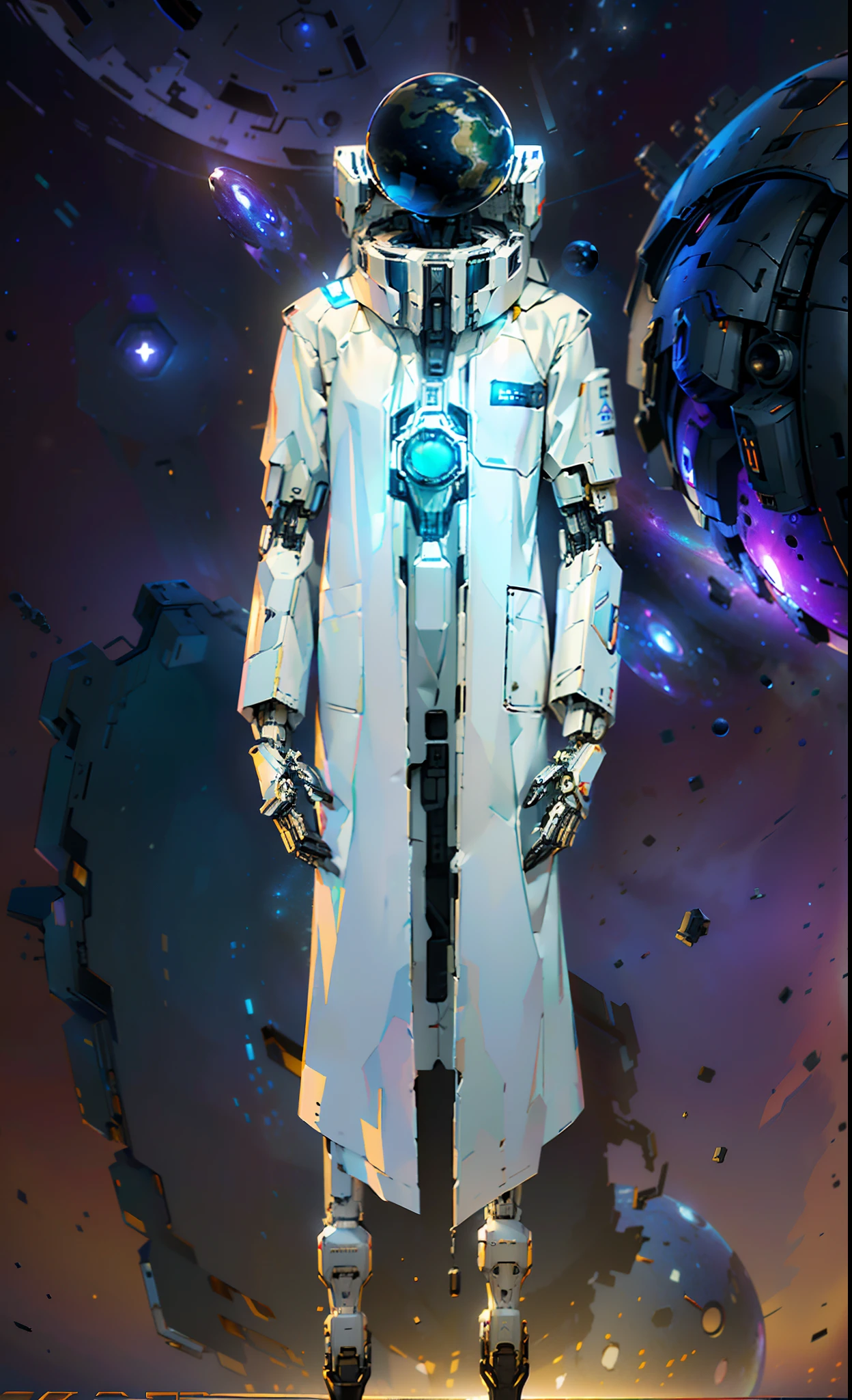 Omnicient android scientist, (Galaxy floating globe instead of a head: 1.9), (wearing a scientist coat: 1.8), (in space), (white android body), (floating galaxy globe over neck), (cool character design), ((god-like artificial inteligence)), ((omnicient)), (mech body), (mech hands), (mechanical body, (mech feet), (completely robotic), godly