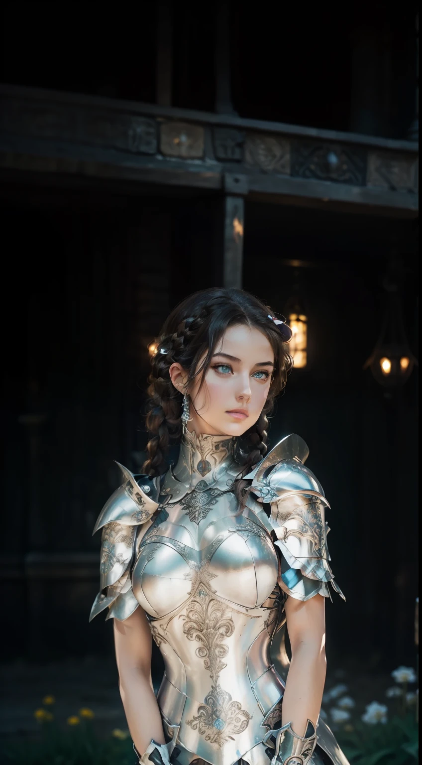 (Masterpiece, Best quality),(extremly intricate:1.3), (Realistic), 1girll, 18yr old, Caucasians, Green eyes, Perfect eyes, Perfect iris, perfect pupils, Perfect lips,Perfect nose, Perfect hands, Very detailed hands, perfectfingers, Black hair, Short hair, Straight hair, Small braids in her hair, (Medieval armor), metal reflective, (((Silver armor))), Outdoors, far away castle, (Ornately decorated armor), (insanely details, full bloom:1.5), chainmail, Strong sunshine, professional photograph of a stunning woman detailed, Sharp focus, Award-Awarded, Cinematic lighting, The background is blurred out, Upper body, ((self-assured)), (Pose:Looking at the camera)