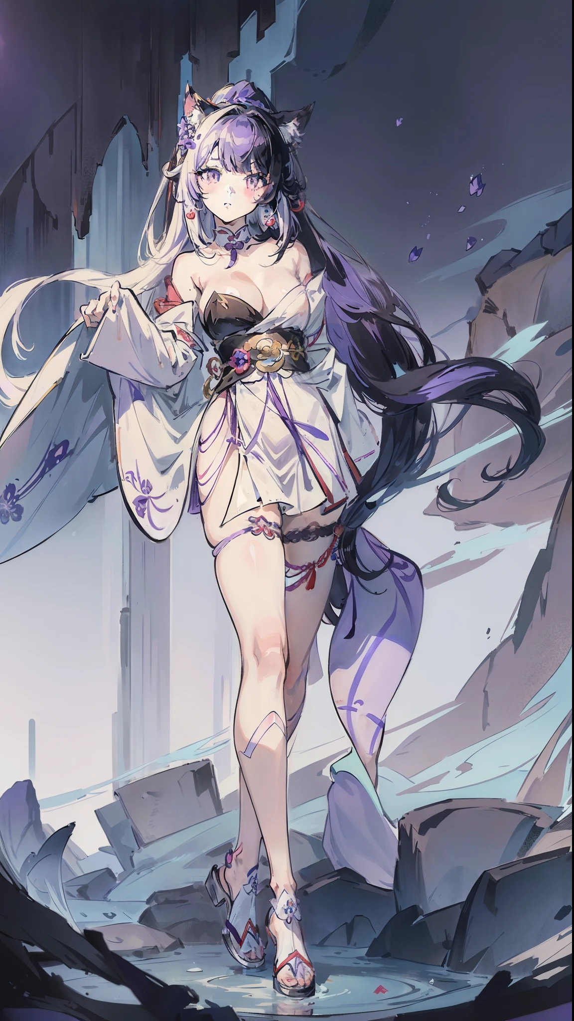 tmasterpiece,HighestQuali,Anime girl with long hair purple eyes in white dress, Anime goddess, Ayaka Genshin impact, full-body xianxia, Onmyoji detailed art, Genshin impact's character, ayaka game genshin impact, From Arknights, Genshin, beautiful and seductive anime woman,cat ear,Dark style,