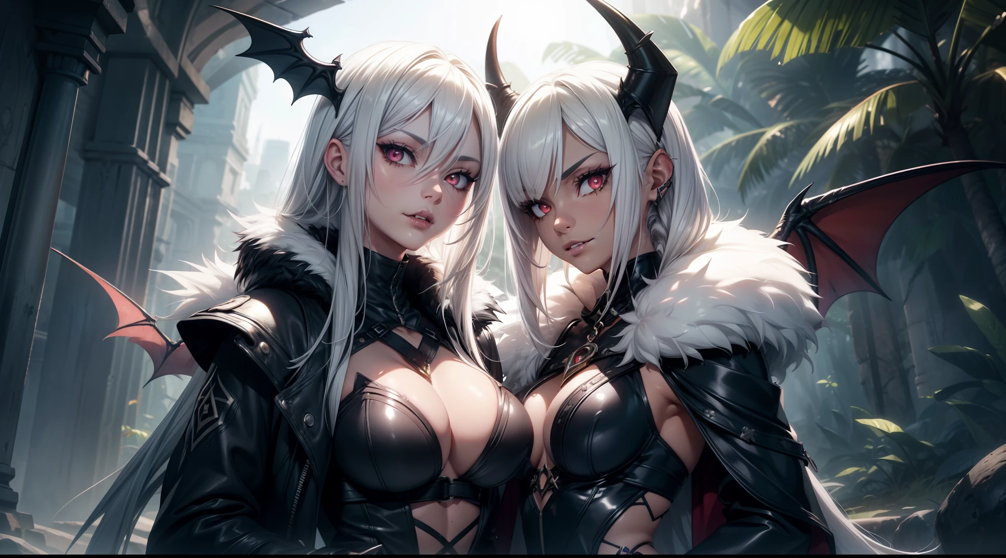 realistic photo of slaved (savage, tribal, jungle)_vampire with (white hair), bat fur, coat|wings, ((fangs)), colorful extremely_detailed_(tribal, jungle)_tight_(lacy, leather, fur, silk, satin, latex)_(clothing, skirt), high collar, detailed face, detailed beautiful shiny red eyes, slit pupils, (((seductive laying))), metallic reflections, ((tatooed, marked)_with_shining_runes)_fit_muscular_body, shiny skin, tropical city ruins fog, (((1girl))), portrait, (full body), natural breasts, medium length white hair, masterpiece, best quality, beautiful and aesthetic:1.2, fractal art:1.4, 16K, HDR, RTX, Ray Tracing, Radiosity, Anisotropic Filtering, Subsurface Scattering