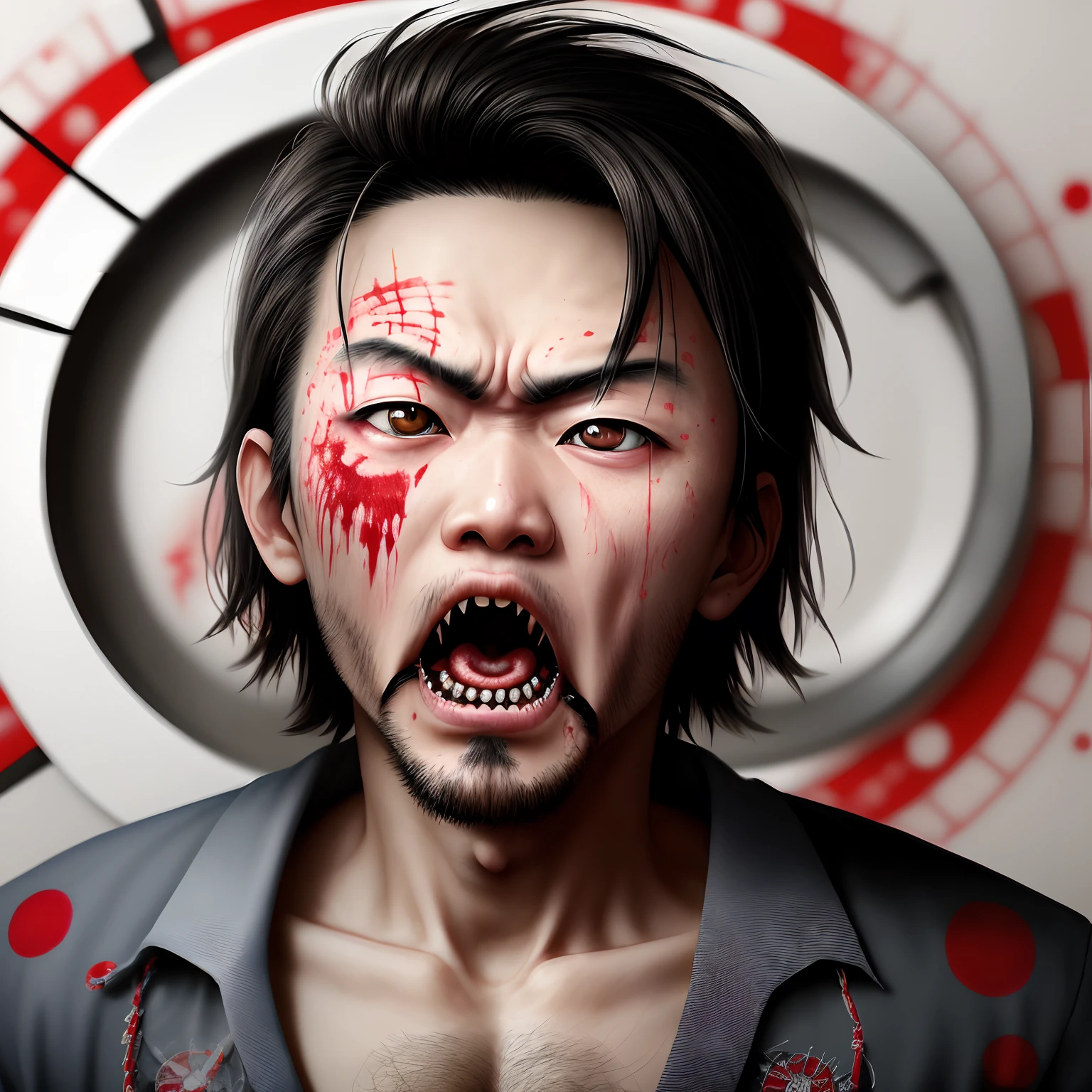 Crazy man making strange noises、Eyes are bloodshot、Using a cutter while muttering to yourself