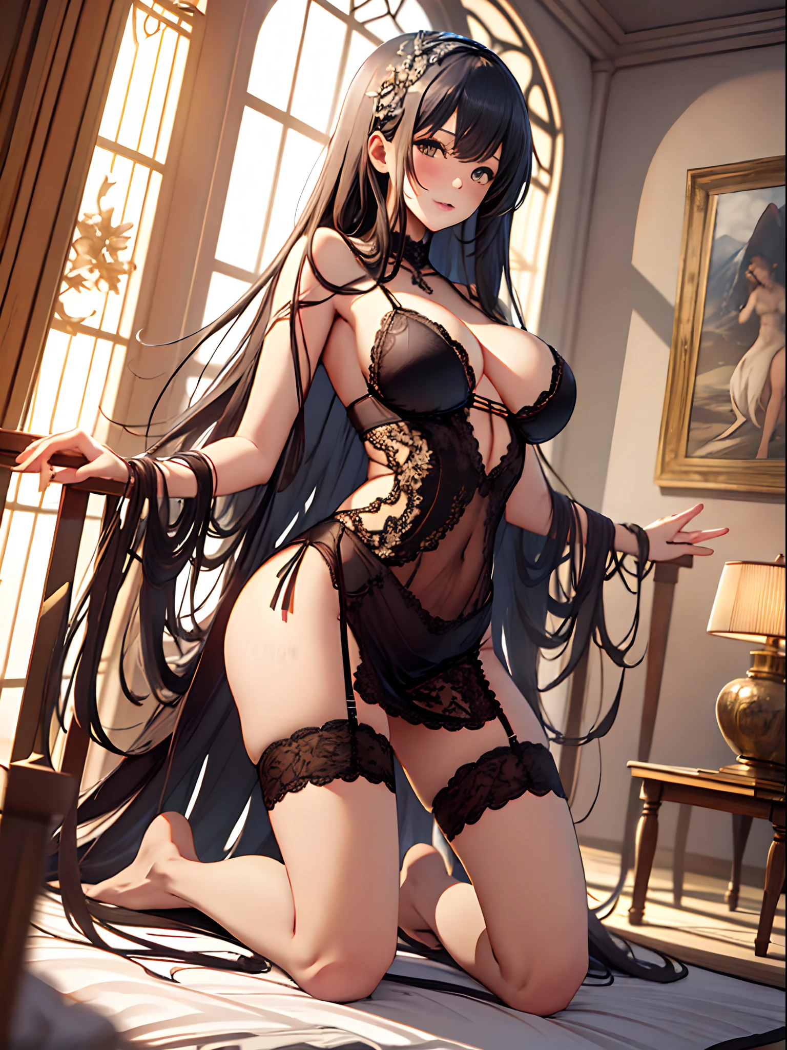 （Enrich the picture，Masterpiece level quality）Beautiful 8K CG artwork，Goddess-like posture，Kneeling exercise，Slim and soft，Translucent skin，Black hair、The beauty of extra-long hair, Super Long Straight Hair，The skin is fair and juicy，Big breasts lingerie miniskirt uniform，Perspective Part 1.2x enhanced silhouette effect，Exquisite transparent blues pattern in pajamas，The details are intricate and exquisite，The background is slightly blurred，Charming and lustful leg seduction，Drool，K cup big breasts，Blush，Japan goddess，Perfect body slim curves，Scene by the sea，