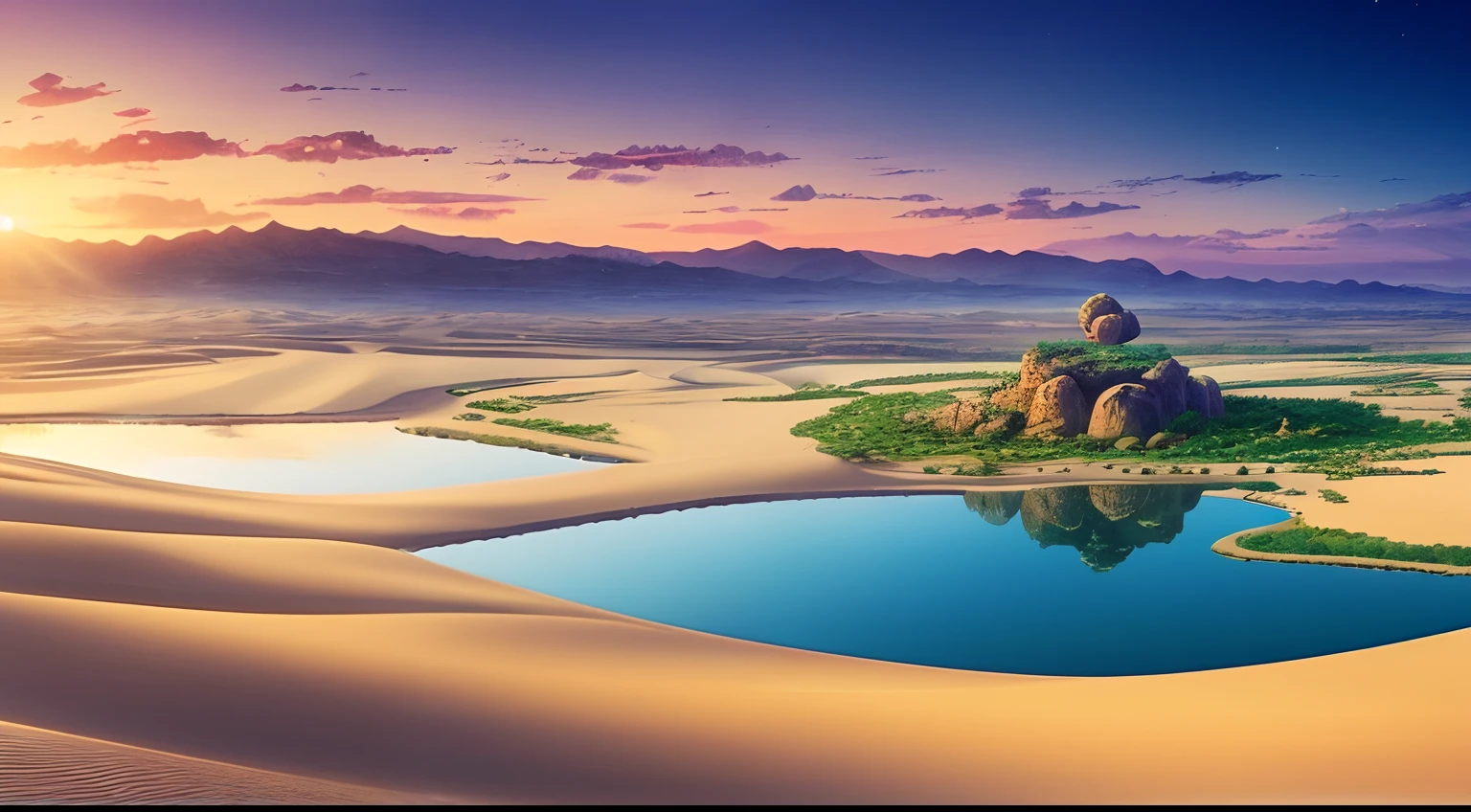 super wide shot，Vast desert，A legendary desert oasis，Sunset，Heart-shaped lake，(zoomout:1.2)，(Greenery:1.2)，The fountain，Surrealist landscape style，national geographicphoto，Hasselblad high detail，cinmatic lighting，reflective light，atmosphric perspective，in a panoramic view，f / 4.0，Nikon，hyper HD，Hyper-detailing，best qualtiy，8K，Fantastic design, Best quality, Very detailed, Masterpiece, movie light effect, 8K，epic fantasy digital art，Epic fantasy art style, high definition resolution，Detailed detail drawing，Photorealistic，Super realistic