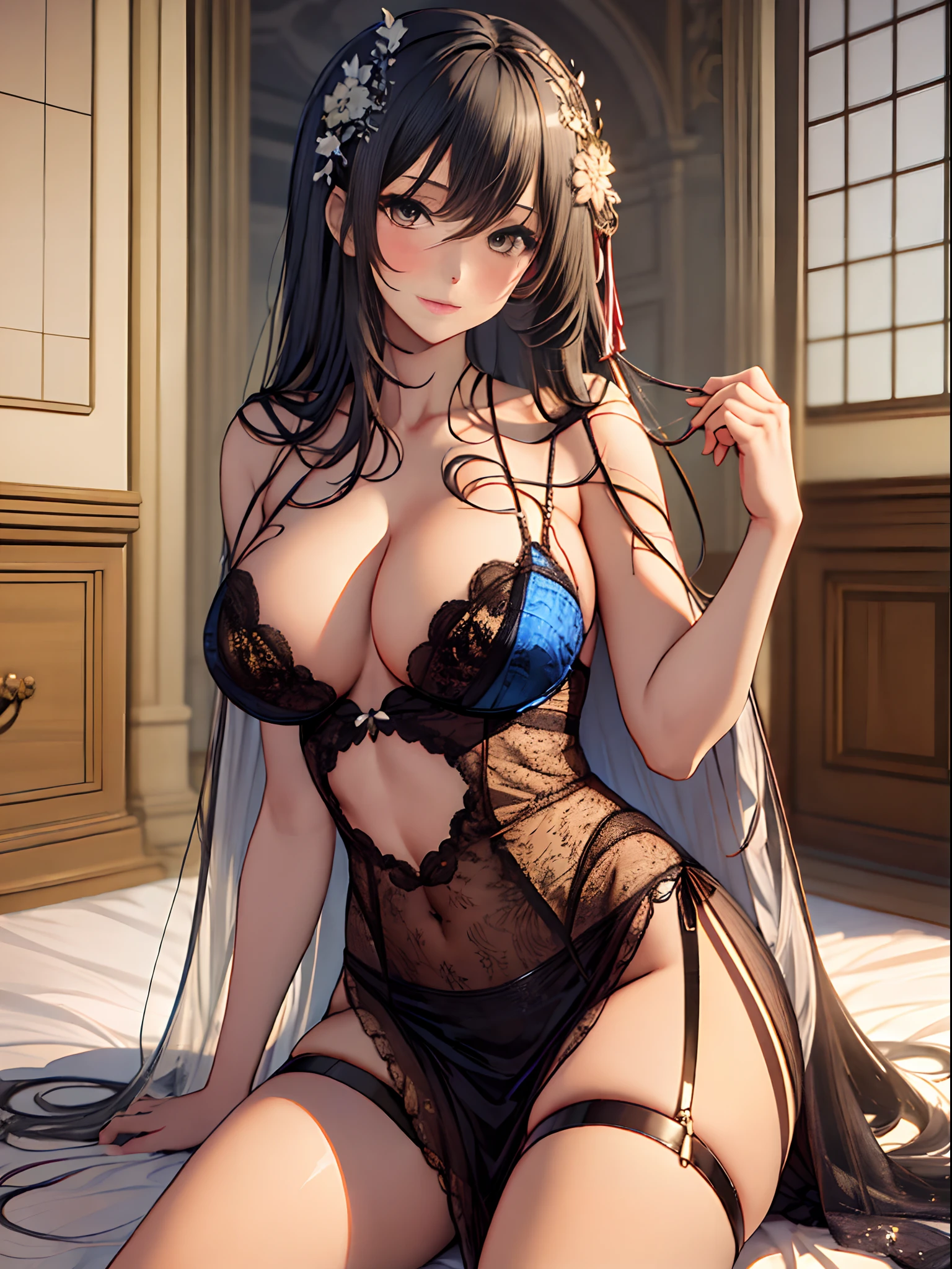 （Enrich the picture，Masterpiece level quality）Beautiful 8K CG artwork，Goddess-like posture，Kneeling exercise，Slim and soft，Translucent skin，Black hair、The beauty of extra-long hair, Super Long Straight Hair，The skin is fair and juicy，Big breasts lingerie miniskirt uniform，Perspective Part 1.2x enhanced silhouette effect，Exquisite transparent blues pattern in pajamas，The details are intricate and exquisite，The background is slightly blurred，Charming and lustful leg seduction，Drool，K cup big breasts，Blush，Japan goddess，Perfect body slim curves，Scene by the sea，