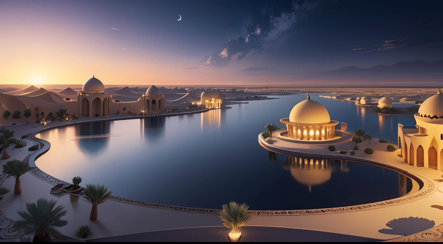super wide shot,Fantastic desert oasis ,1 moon,Heart-shaped lake,Dubai,reasonable design, Best quality, Very detailed, Masterpiece, movie light effect, 8K,epic fantasy digital art,high definition resolution,Detailed detail drawing,