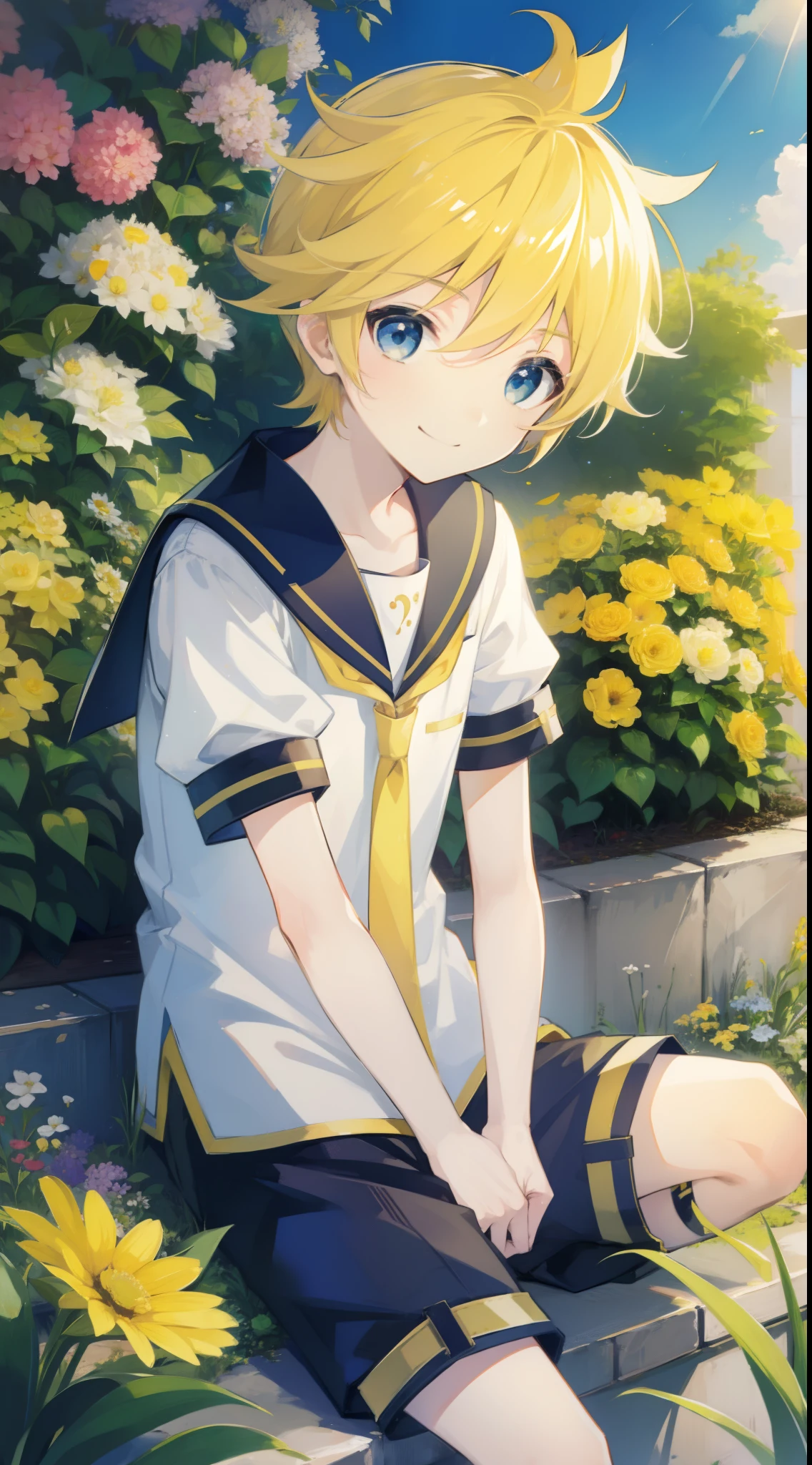 one boy, Len_Kagamine, sailor uniform, short pants, smile, flower garden, cowboy shot, sitting