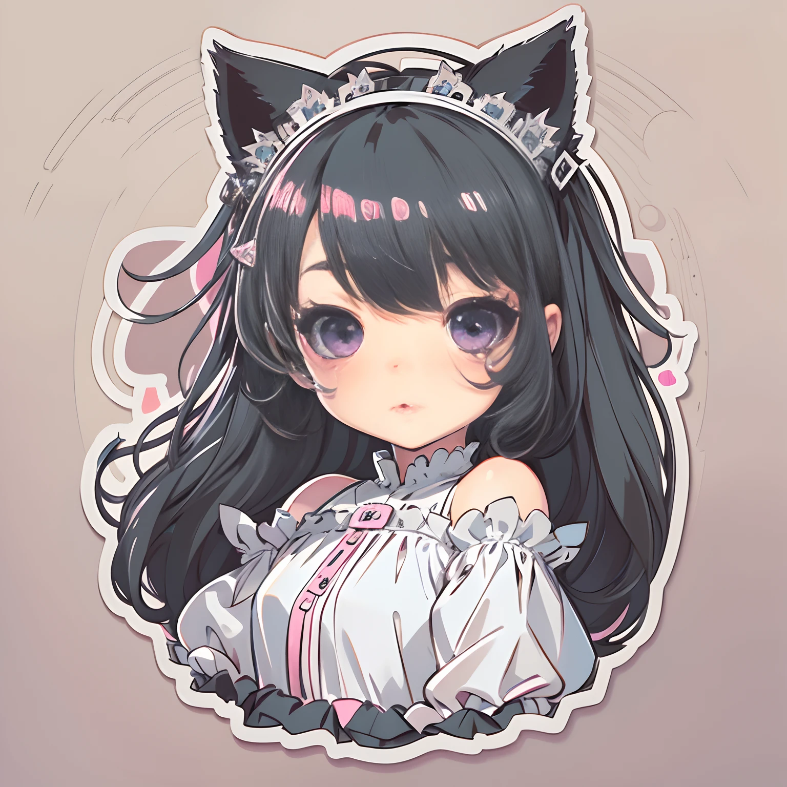 Sticker, Cute anime girl head, Long black hair,Deep purple eyes,pouty,cute clothing,Princess dress,Black cat ears,in circle, White background, Pink border,Simple, Ultra detailed, Detailed drawing, vectorised, Silhouette, 8K, professional sticker design, Flat design, Vector lines, Sticker, Drawing, Drawing, Full-HD