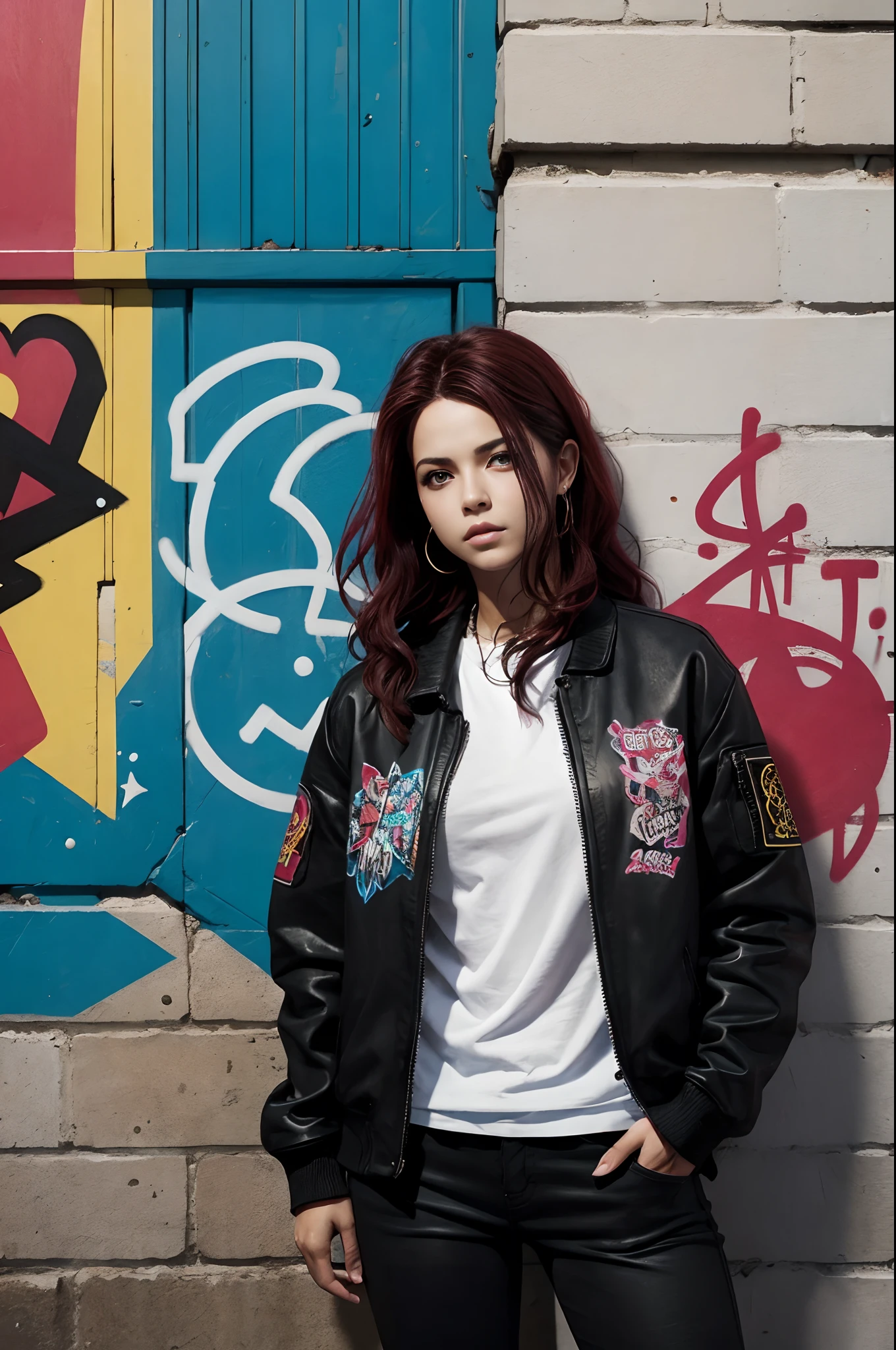 (La mejor calidad) (obra maestra ) estilo de dibujos animados. A beautiful young woman with an urban look of heavy-punk-metal-rap aesthetic, It seems to be of Spanish origin and has a lot of time, cabello rojo algo rizado. En una calle en un suburbio de una gran ciudad, There is a beat-up car behind to the woman's right and a wall with strange graffiti on her left...... Photoshop-fantasy
