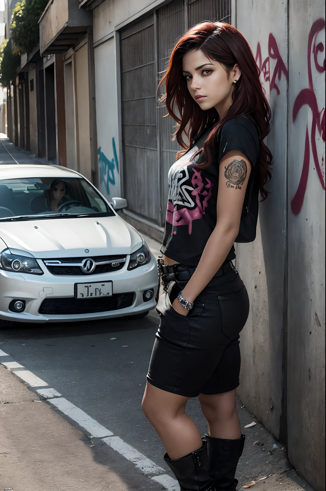 (La mejor calidad) (obra maestra ) estilo de dibujos animados. A beautiful young woman with an urban look of heavy-punk-metal-rap aesthetic, It seems to be of Spanish origin and has a lot of time, cabello rojo algo rizado. En una calle en un suburbio de una gran ciudad, There is a beat-up car behind to the woman's right and a wall with strange graffiti on her left...... Photoshop-fantasy