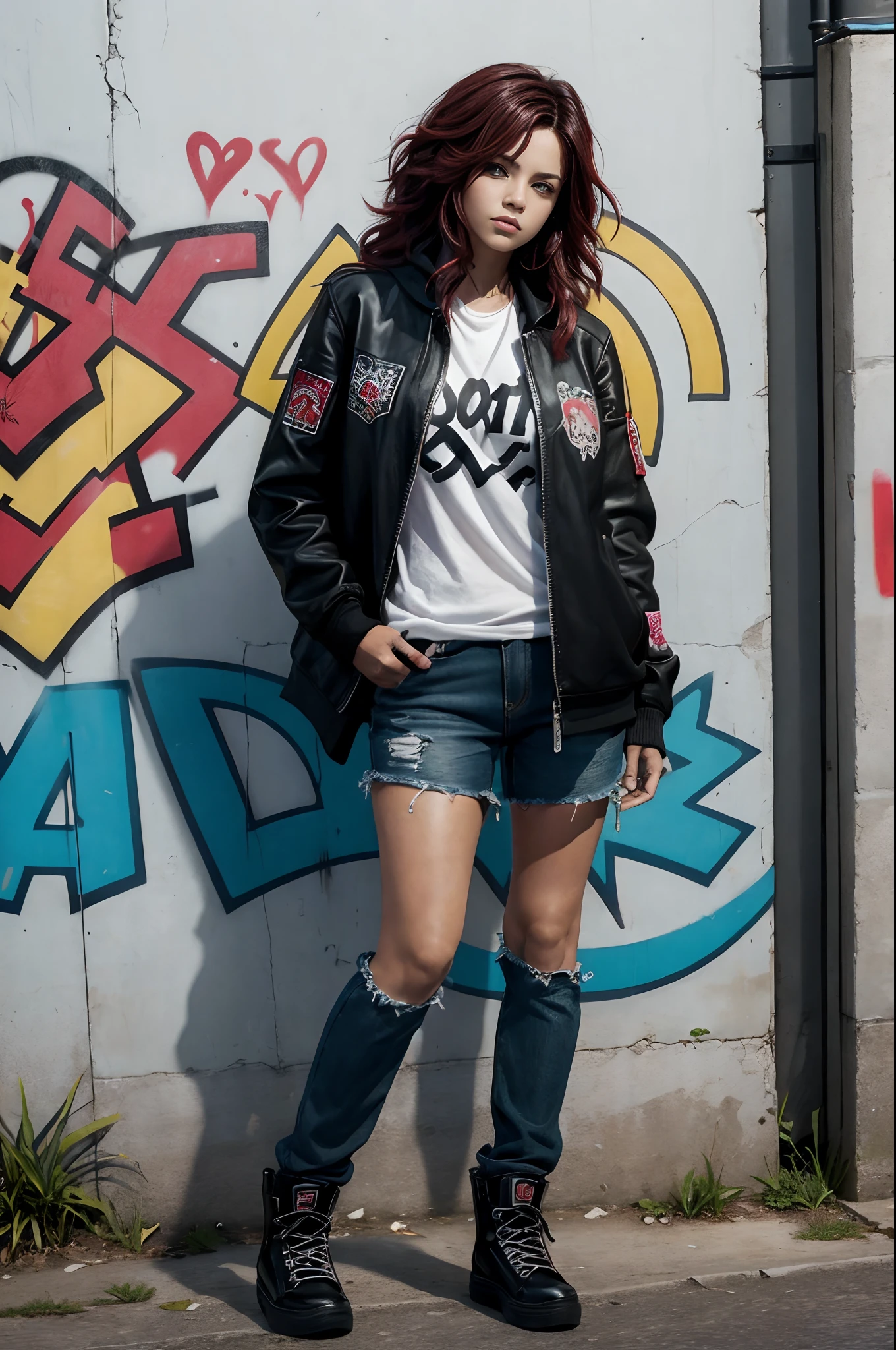 (La mejor calidad) (obra maestra ) estilo de dibujos animados. A beautiful young woman with an urban look of heavy-punk-metal-rap aesthetic, It seems to be of Spanish origin and has a lot of time, cabello rojo algo rizado. En una calle en un suburbio de una gran ciudad, There is a beat-up car behind to the woman's right and a wall with strange graffiti on her left...... Photoshop-fantasy
