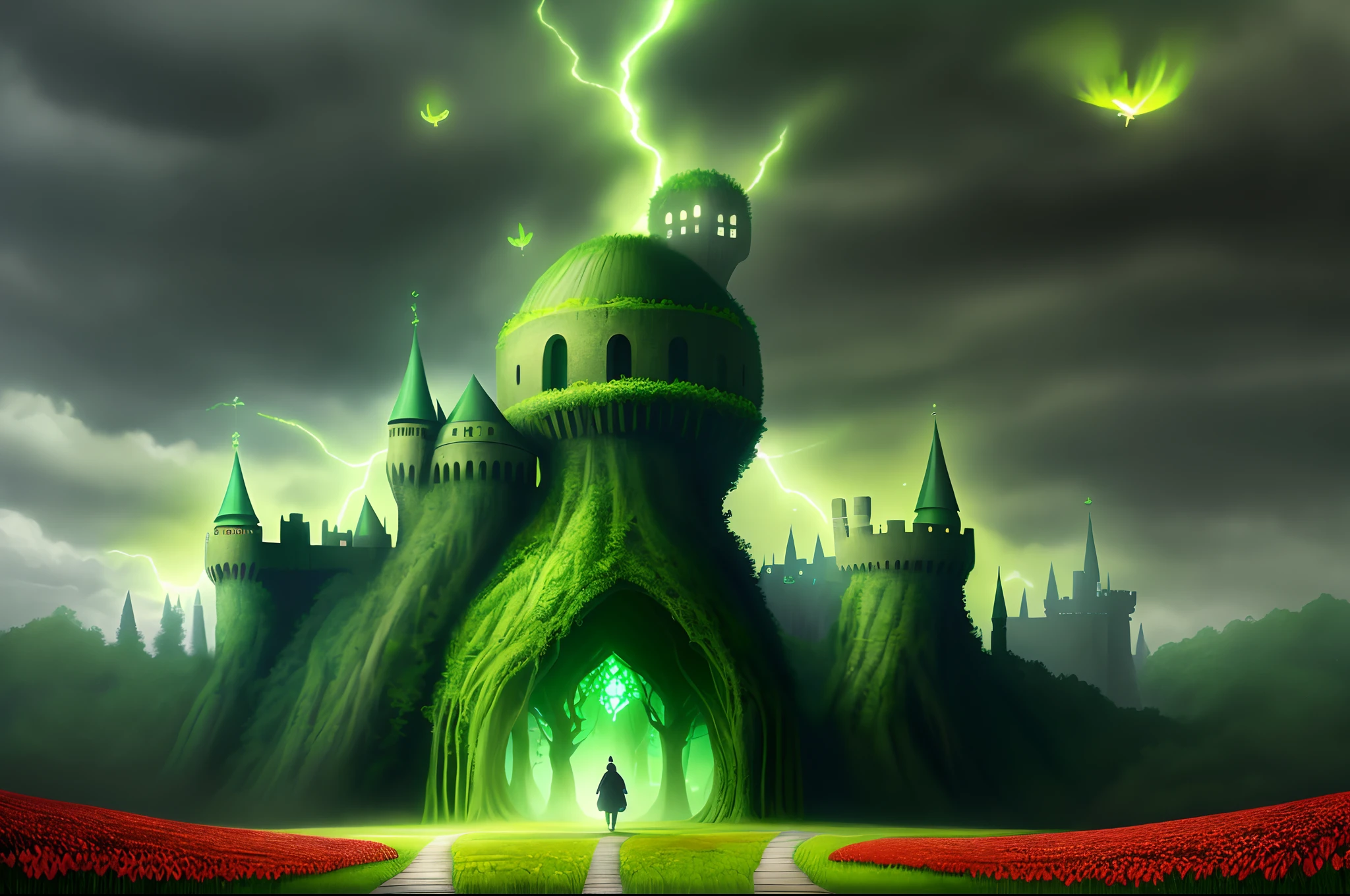 View of the yellow brick road, Walk out of the dark and magical forest,There are green fireflies and red flowers. The background is the Emerald City of the Wizard of Oz. mostly cloudy sky,Shades of green and black. magical city, A big castle, Digital art style