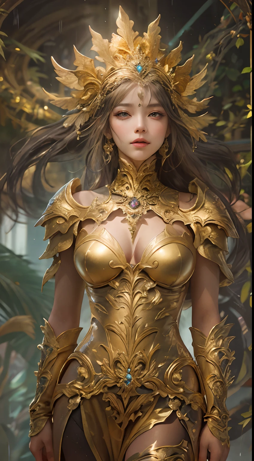 Woman in a golden dress, True Art Station, Rainstorm site, detailed fantasy art, Stunning character art, Beautiful and exquisite character art, Beautiful golden armor, Extremely detailed, Girl in shiny armor, Exquisite tiaras and jewelry, Full body capture,