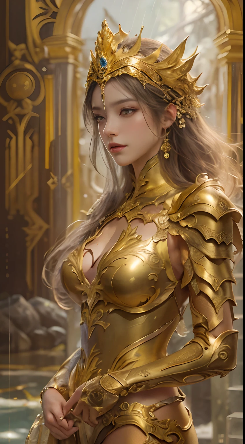 Woman in a golden dress, True Art Station, Rainstorm site, detailed fantasy art, Stunning character art, Beautiful and exquisite character art, Beautiful golden armor, Extremely detailed, Girl in shiny armor, Exquisite tiaras and jewelry, Full body capture,