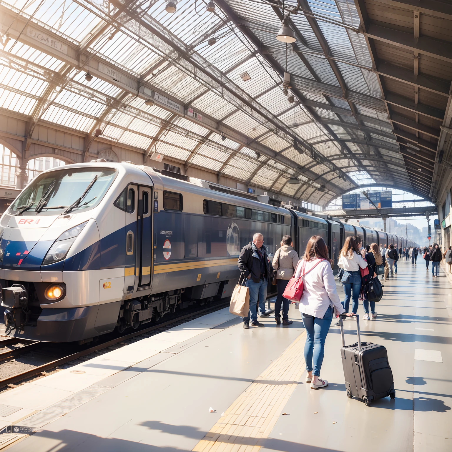 photograph of a train station ((Euro-train)) in Paris, sunny day, people at the station, train at the station, casual photography.