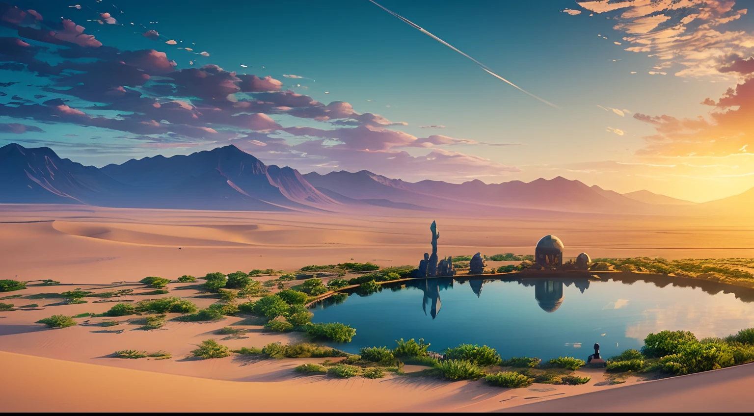 super wide shot，Vast desert，A legendary desert oasis，Sunset，Heart-shaped lake，(zoomout:1.2)，(Greenery:1.2)，The fountain，Surrealist landscape style，national geographicphoto，Hasselblad high detail，cinmatic lighting，reflective light，atmosphric perspective，in a panoramic view，f / 4.0，Nikon，hyper HD，Hyper-detailing，best qualtiy，8K，Fantastic design, Best quality, Very detailed, Masterpiece, movie light effect, 8K，epic fantasy digital art，Epic fantasy art style, high definition resolution，Detailed detail drawing，Photorealistic，Super realistic