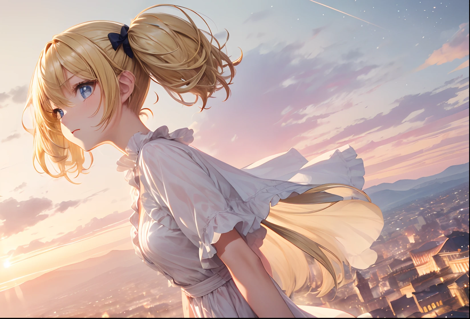 absurderes、hight resolution、(Official art、Beautifully Aesthetic:1.2)、1girl in:1.4), shining sky, Vast world, Gaze, awe-inspiring expression, Distant horizon, clouds, High hills, natural beauty, inspiration, nigh sky, Shining stars,(blonde short hair:1.4)、(low twintails:1.4)、Shiny hair、medium breasts、Deep Blue Eyes